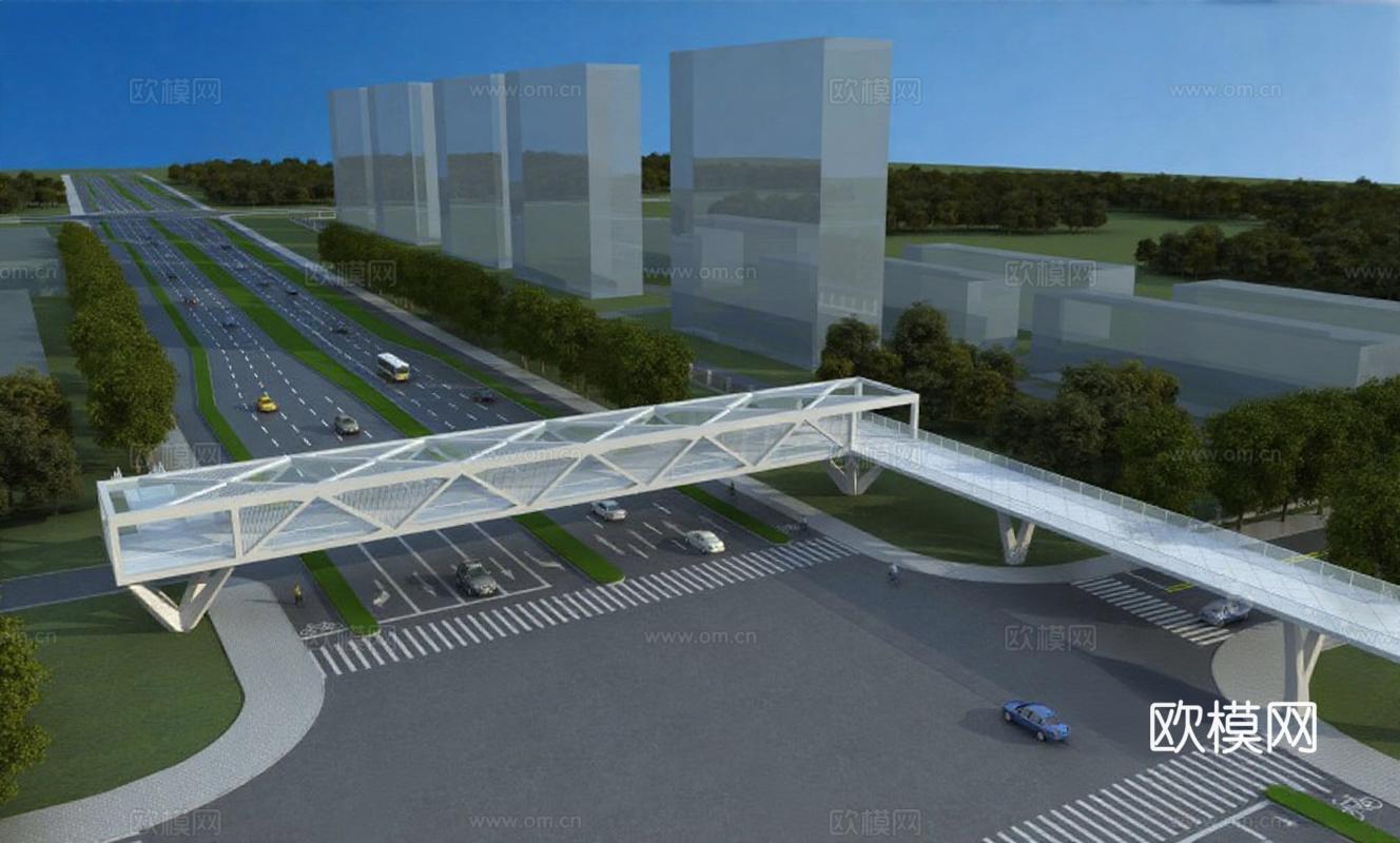 现代人行天桥设计 智能交通规划3D模型 未来城市建筑效果图 景观设计工程模拟 玻璃幕墙城市设计免费3d模型