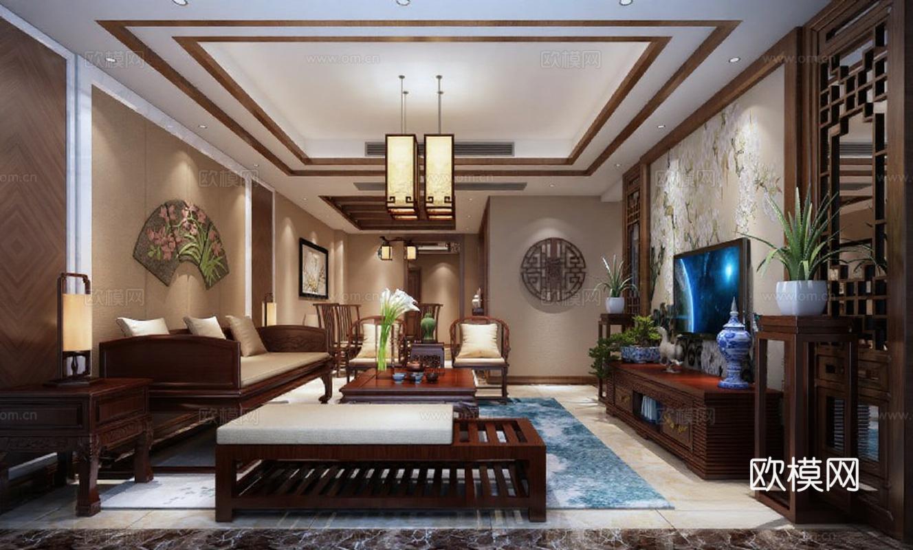 中式客厅设计 高端家居装修案例 实木家具搭配技巧 现代中式风格解析 典雅客厅布置方案 传统文化氛围营造免费3d模型下载