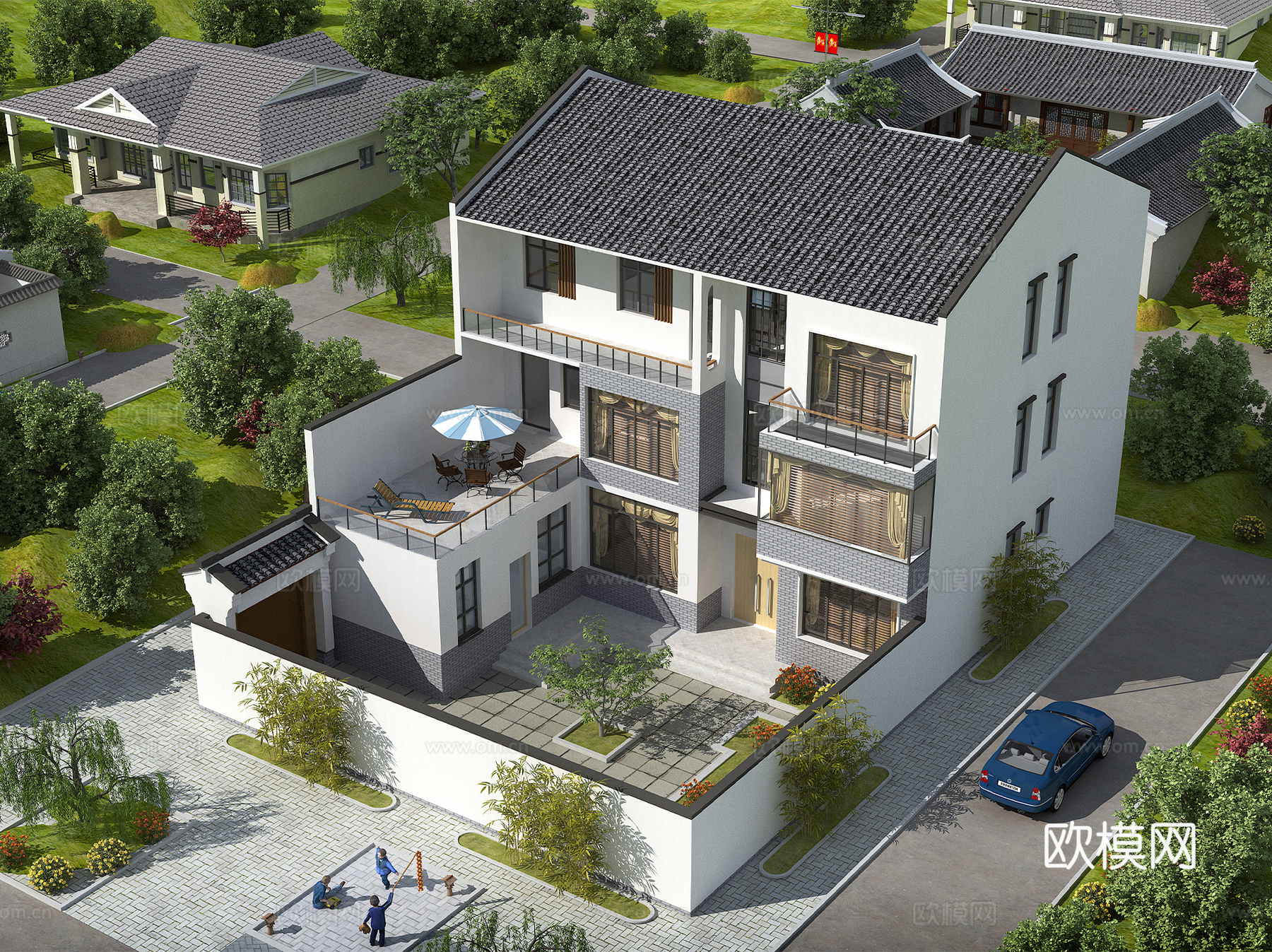 新中式三层合院别墅乡村农村自建房住宅建筑CAD施工图cad施工图