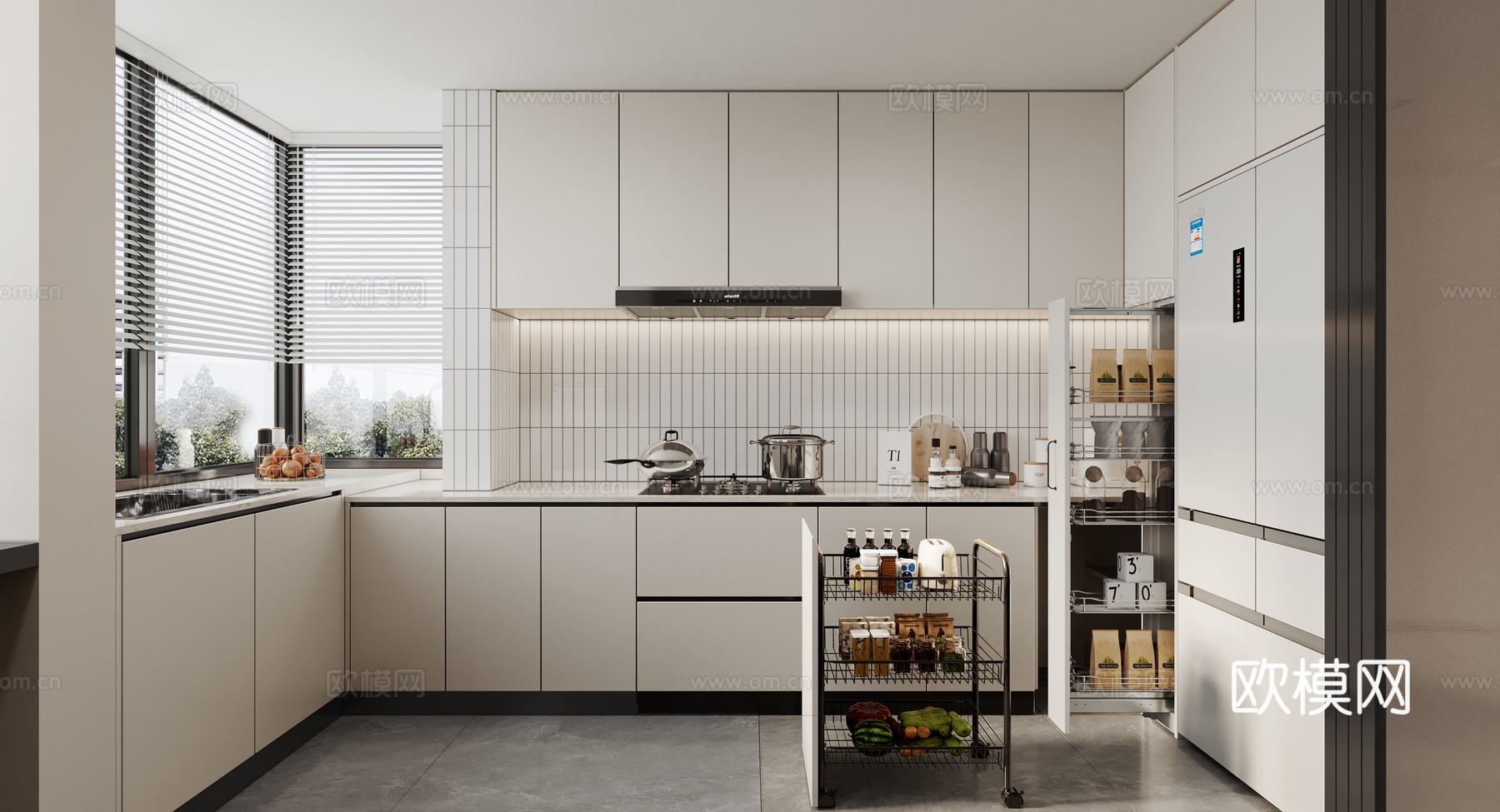 现代奶油风开放式U型厨房su模型