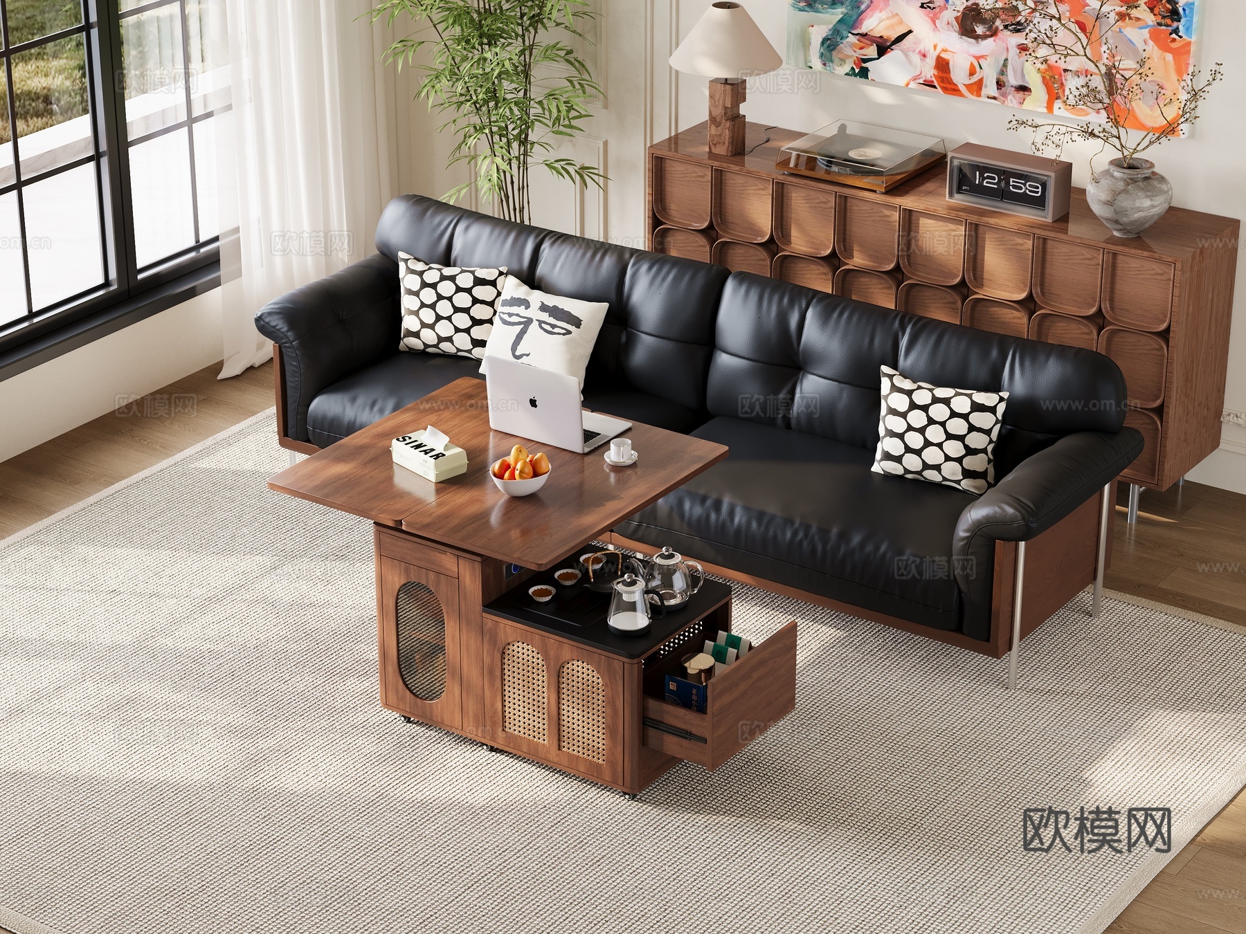 现代中古风客厅  家具茶几  灯光齐全3d模型下载