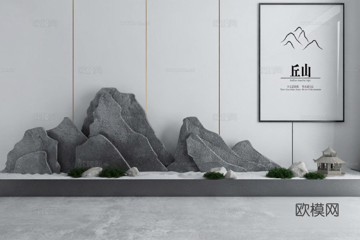 现代中式禅意摆件 山石绿植亭台装饰 简约家居艺术 3D模型空间层次美学免费3d模型