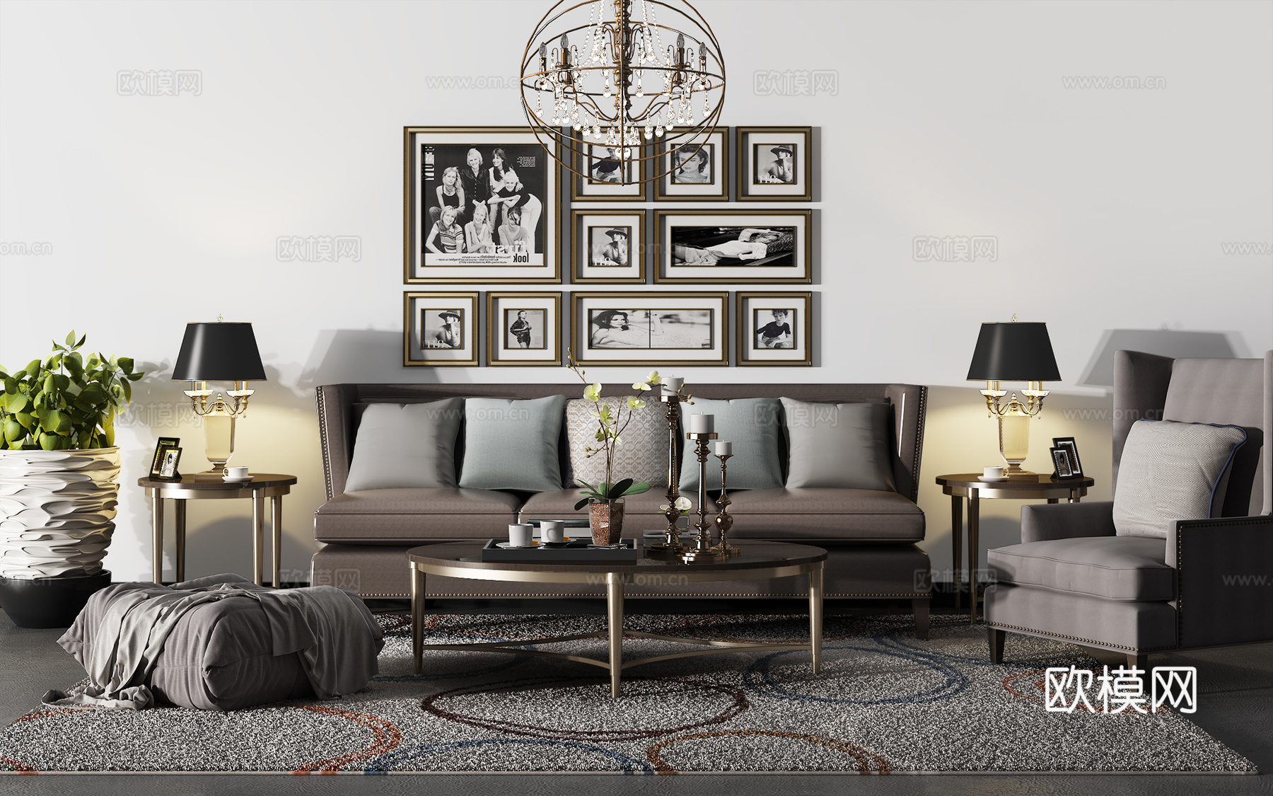 现代沙发茶几壁画组合3d模型下载（渲染图2）