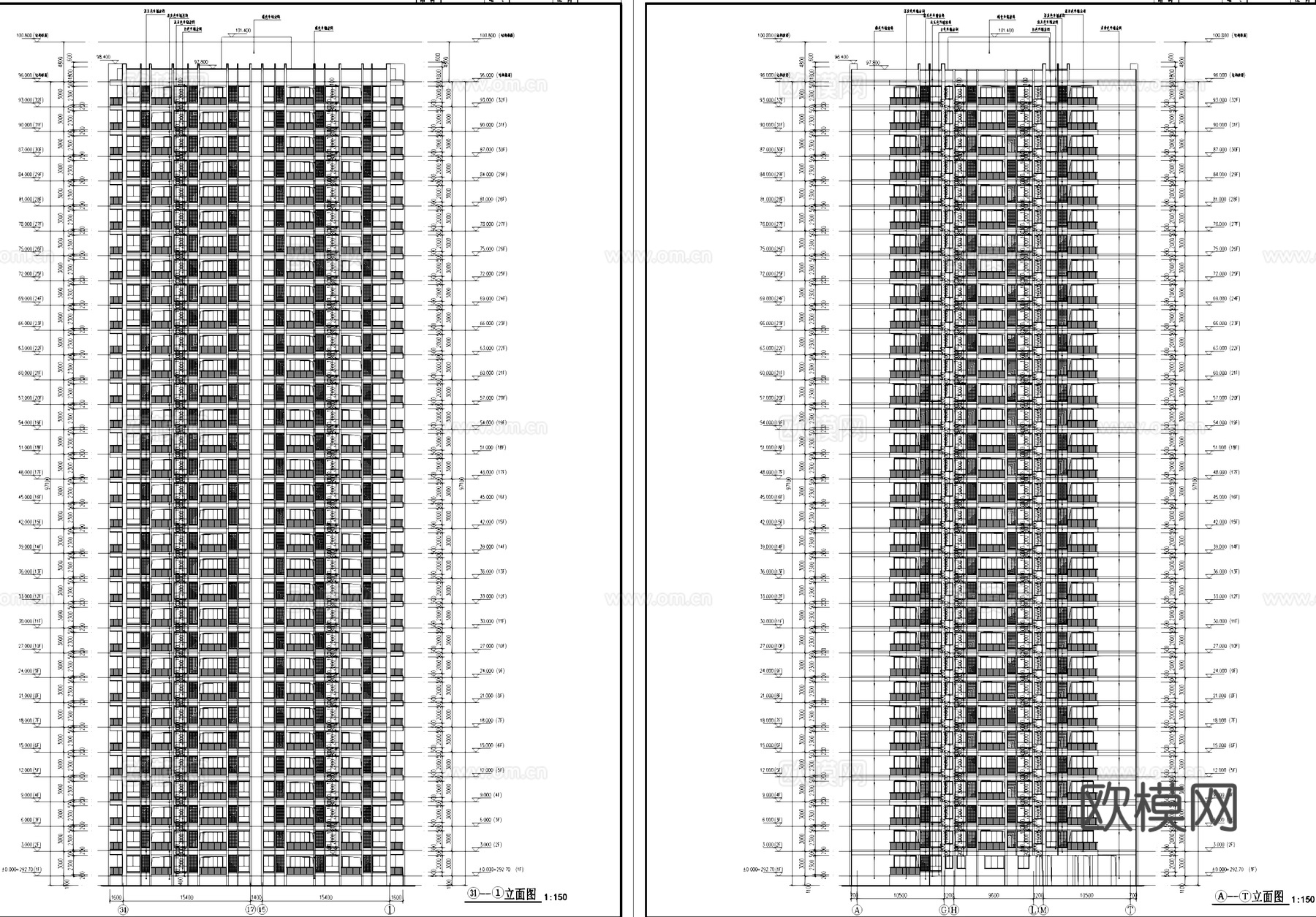 高层四梯十户二室二厅一卫中筒式住宅建筑CAD施工图集cad施工图