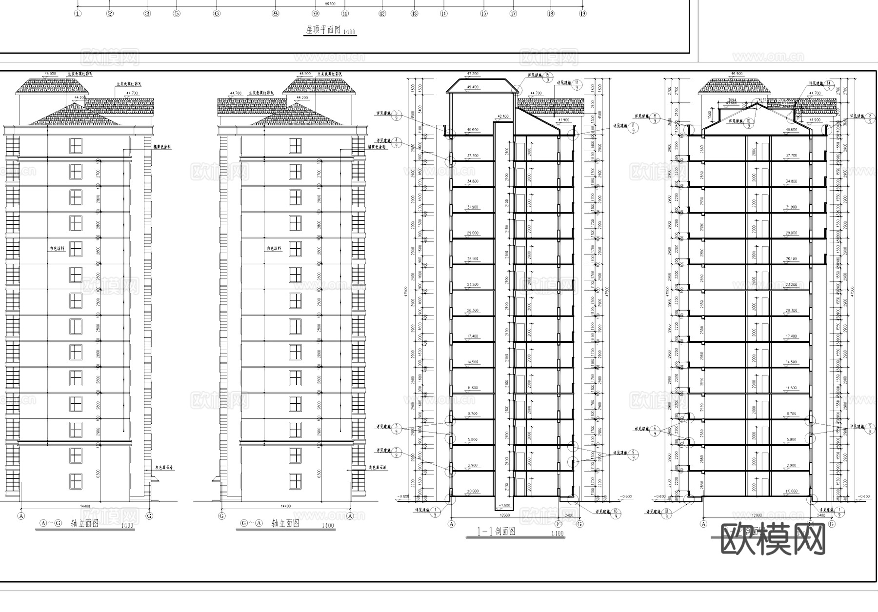 十四层一梯两户小高层住宅建筑CAD施工图cad施工图