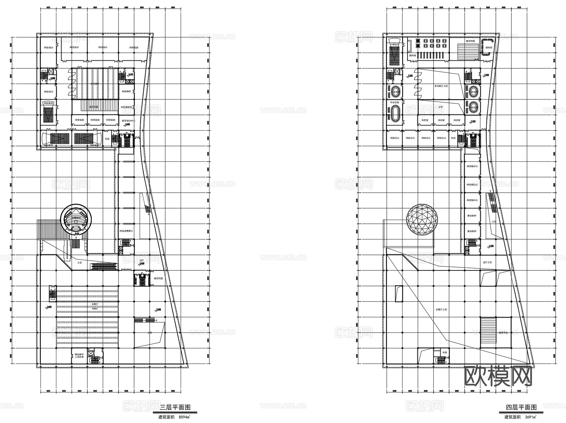绍兴科技馆新馆建筑CAD平面施工图+SU+文本cad施工图