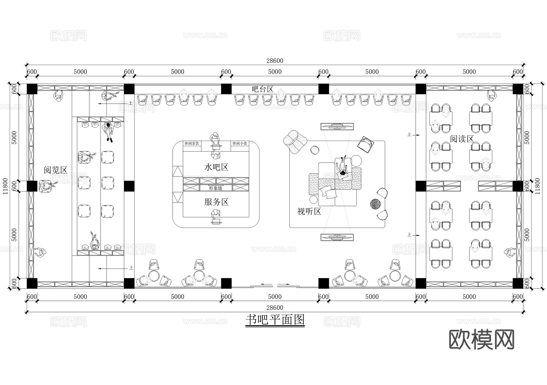 书店书吧图书馆阅览室平面图cad施工图