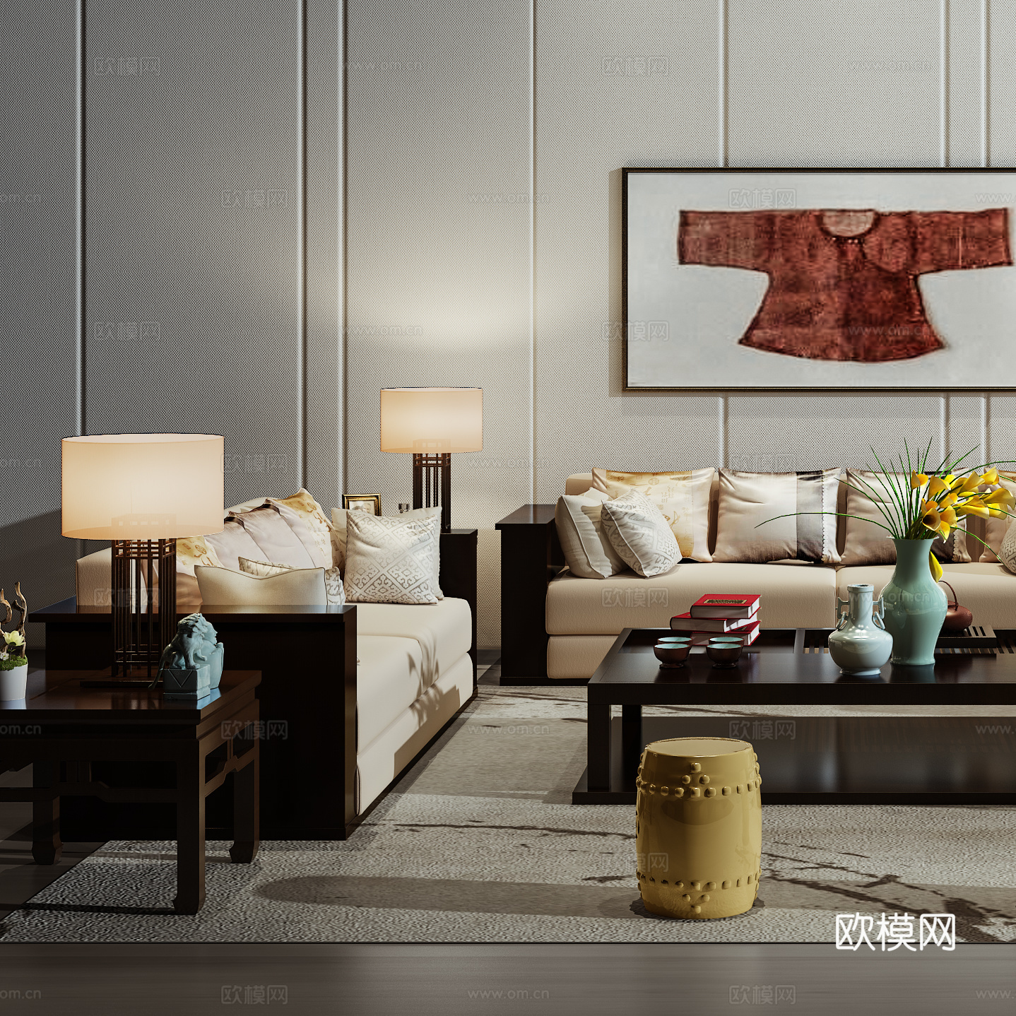 现代沙发茶几壁画组合3d模型下载（渲染图3）