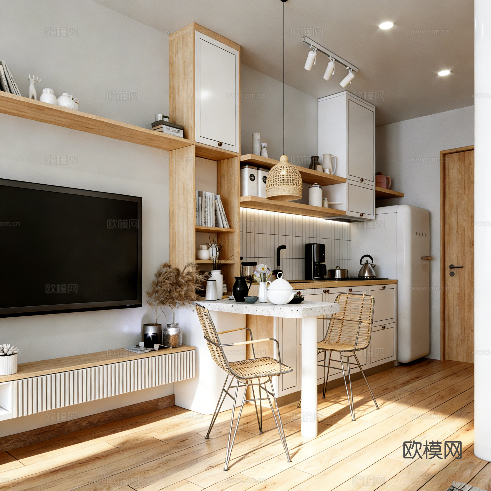 北欧简约风公寓 民宿出租屋 三室两厅 客餐厨卧 藤编家具3d模型下载（渲染图4）