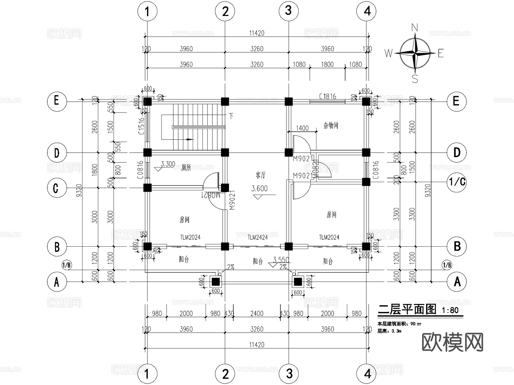 新中式二层独栋别墅农村乡村自建房建筑CAD施工图cad施工图