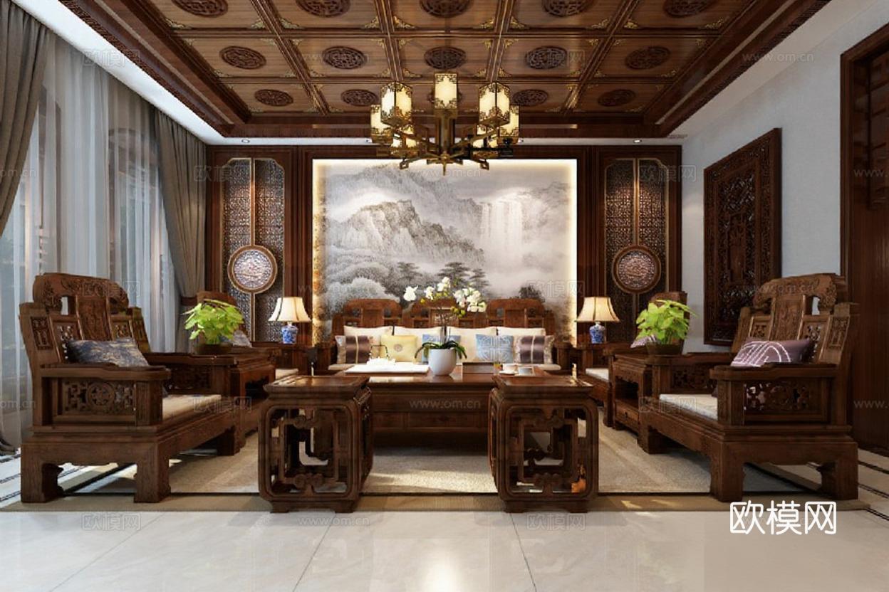 中式豪华客厅装修设计 红木家具古典灯饰对称布局 3D渲染文化空间效果图免费3d模型下载