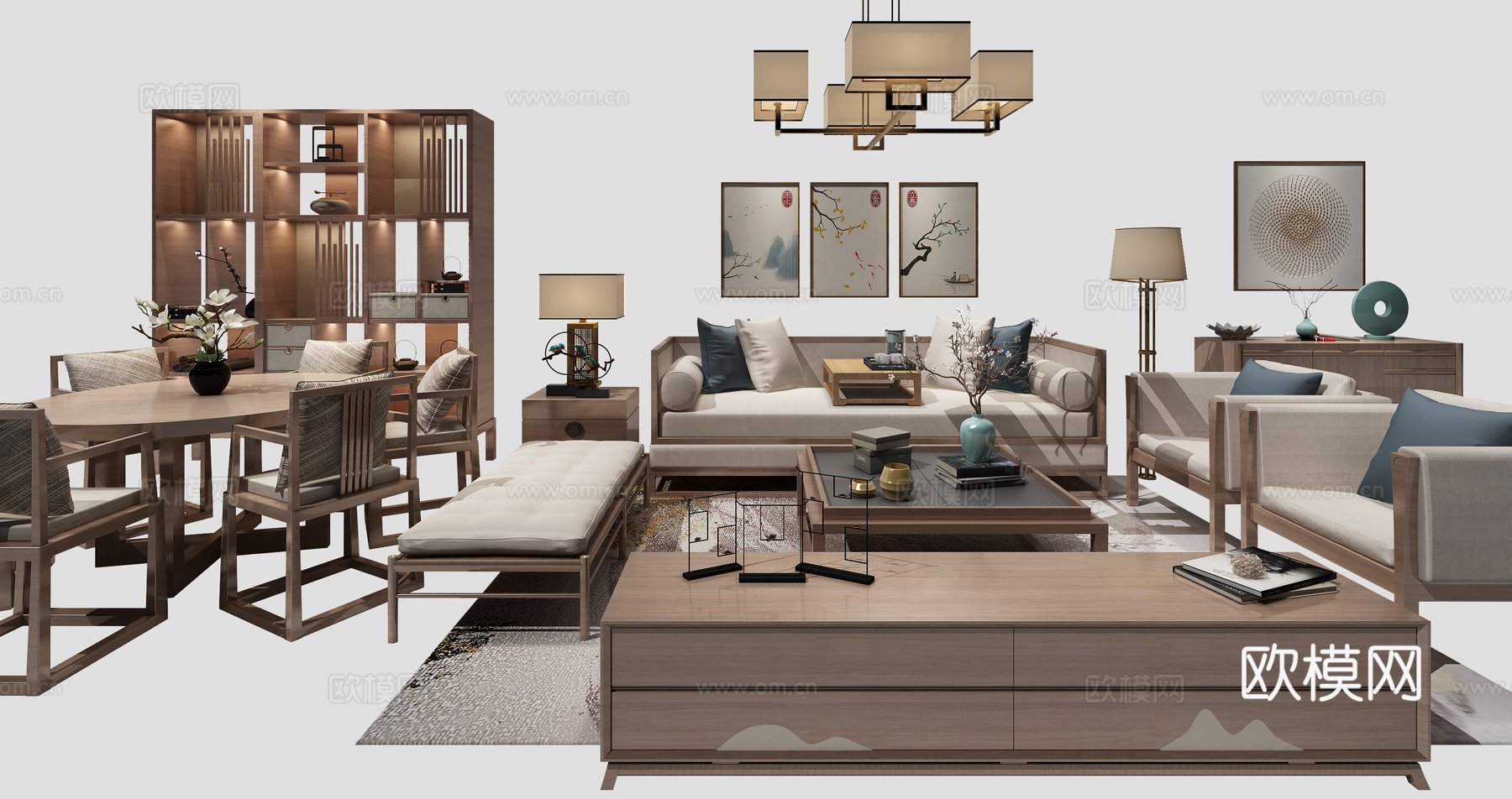 日式沙发餐桌组合3d模型下载（渲染图1）