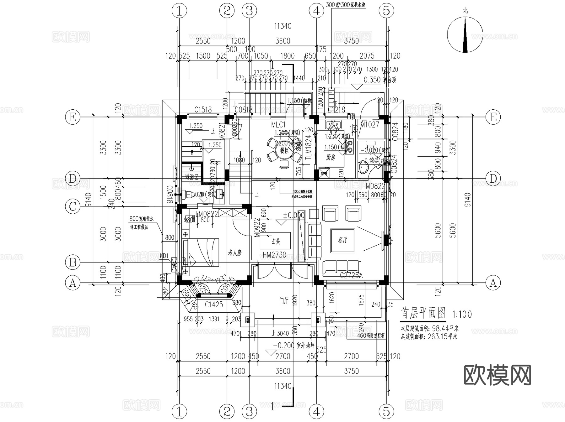 简欧乡村二层独栋别墅自建房建筑CAD施工图cad施工图