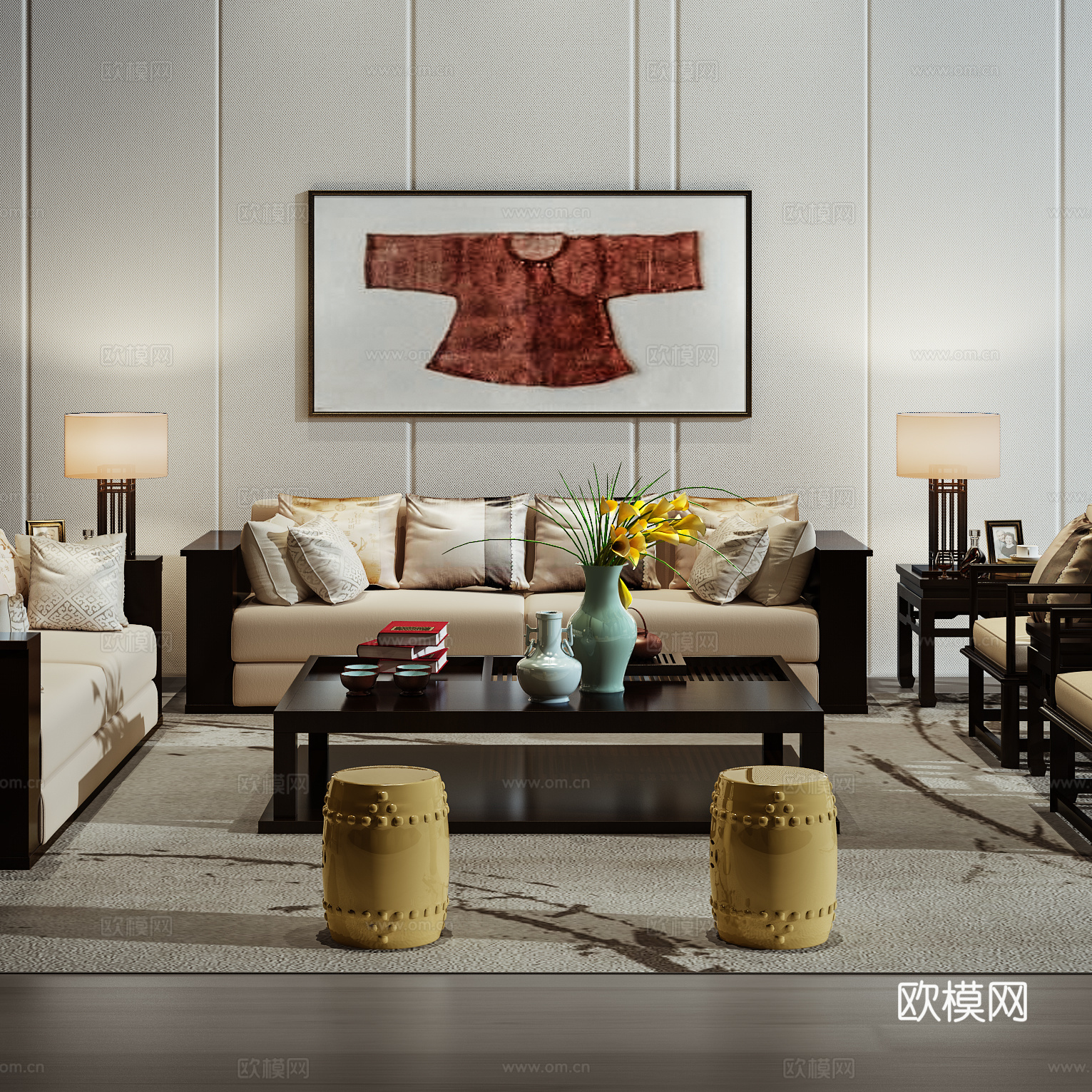 现代沙发茶几壁画组合3d模型下载（渲染图4）