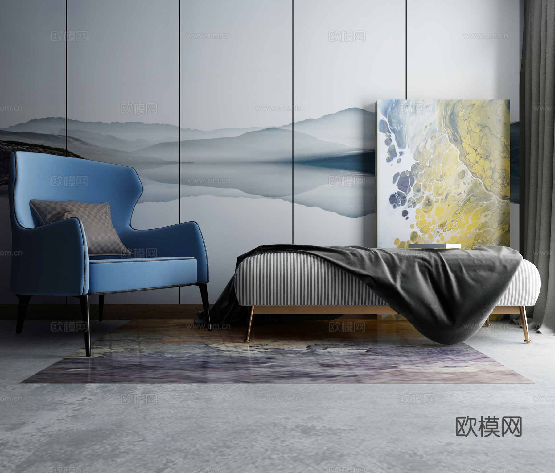 现代沙发茶几组合3d模型下载（渲染图1）