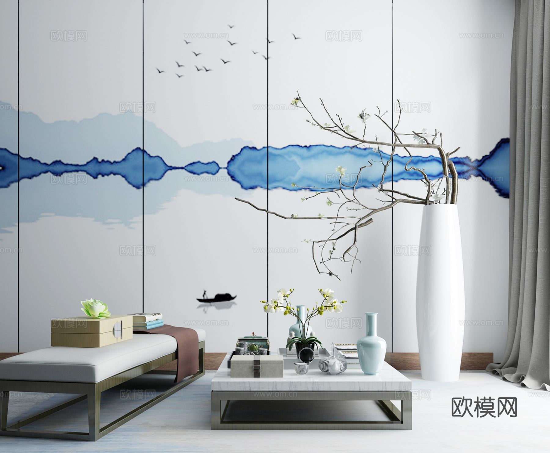 新中式沙发茶几组合3d模型下载（渲染图1）