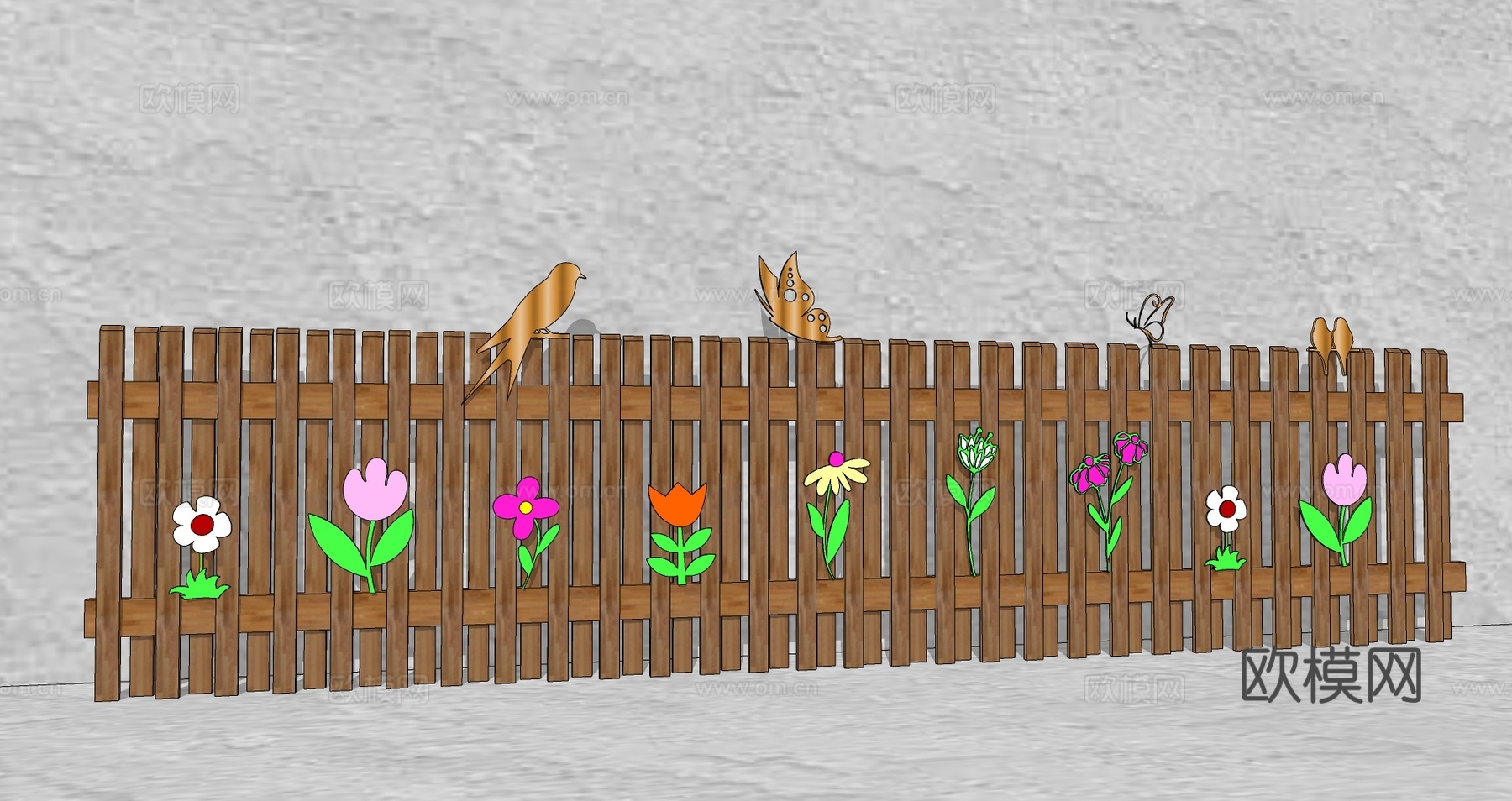 现代生态户外花园卡通木质栏杆动物围栏护栏彩色花朵儿童创意栅栏su模型