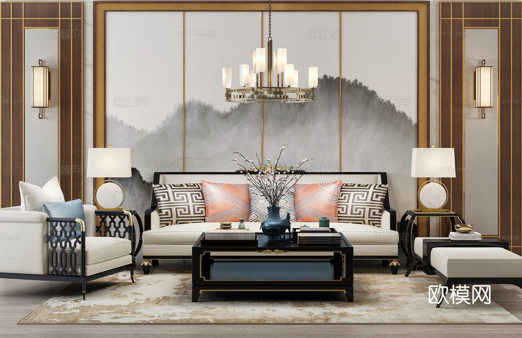 中式沙发茶几组合 吊灯 壁灯组合3d模型下载（渲染图1）