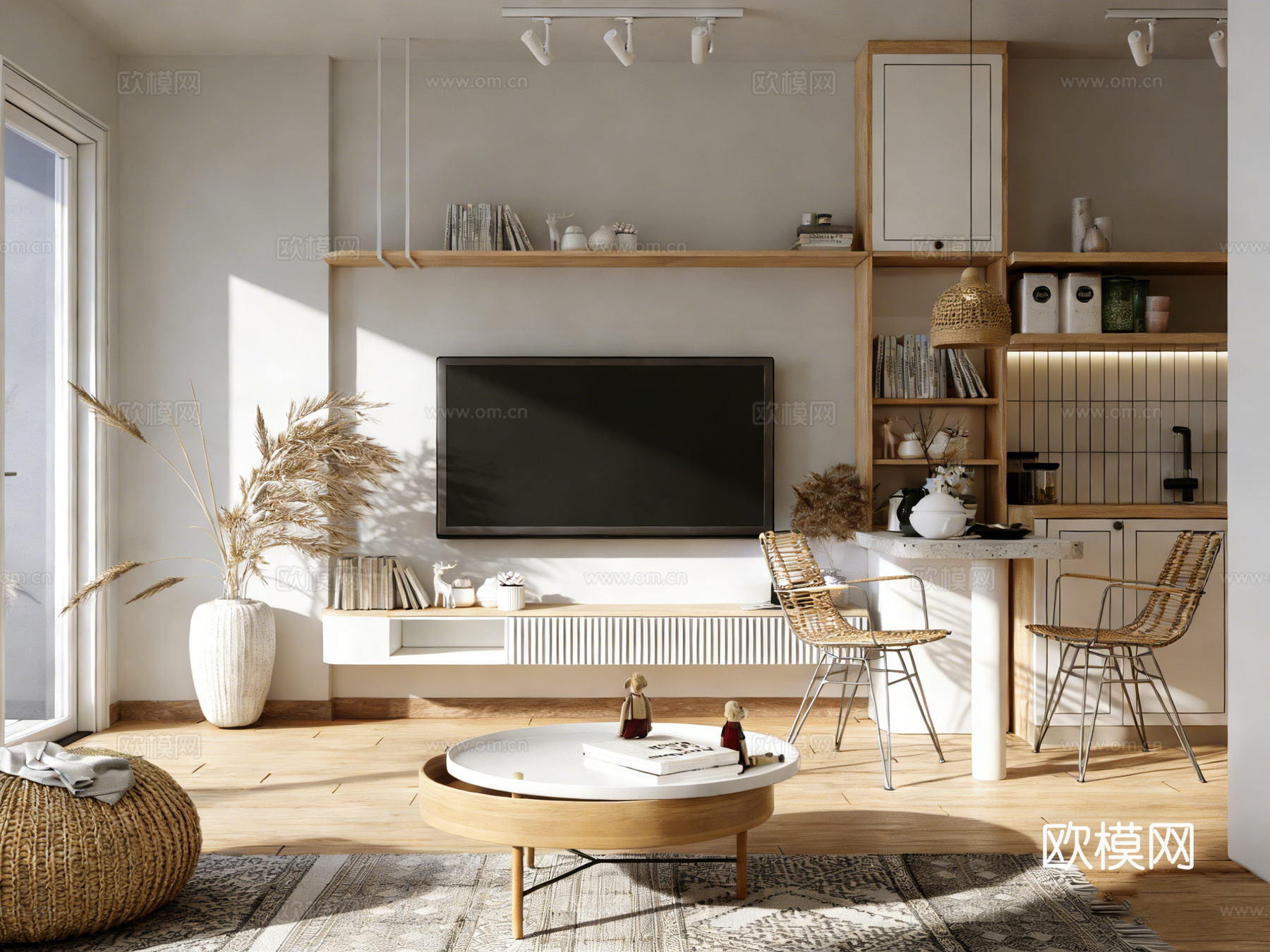 北欧简约风公寓 民宿出租屋 三室两厅 客餐厨卧 藤编家具3d模型下载（渲染图1）