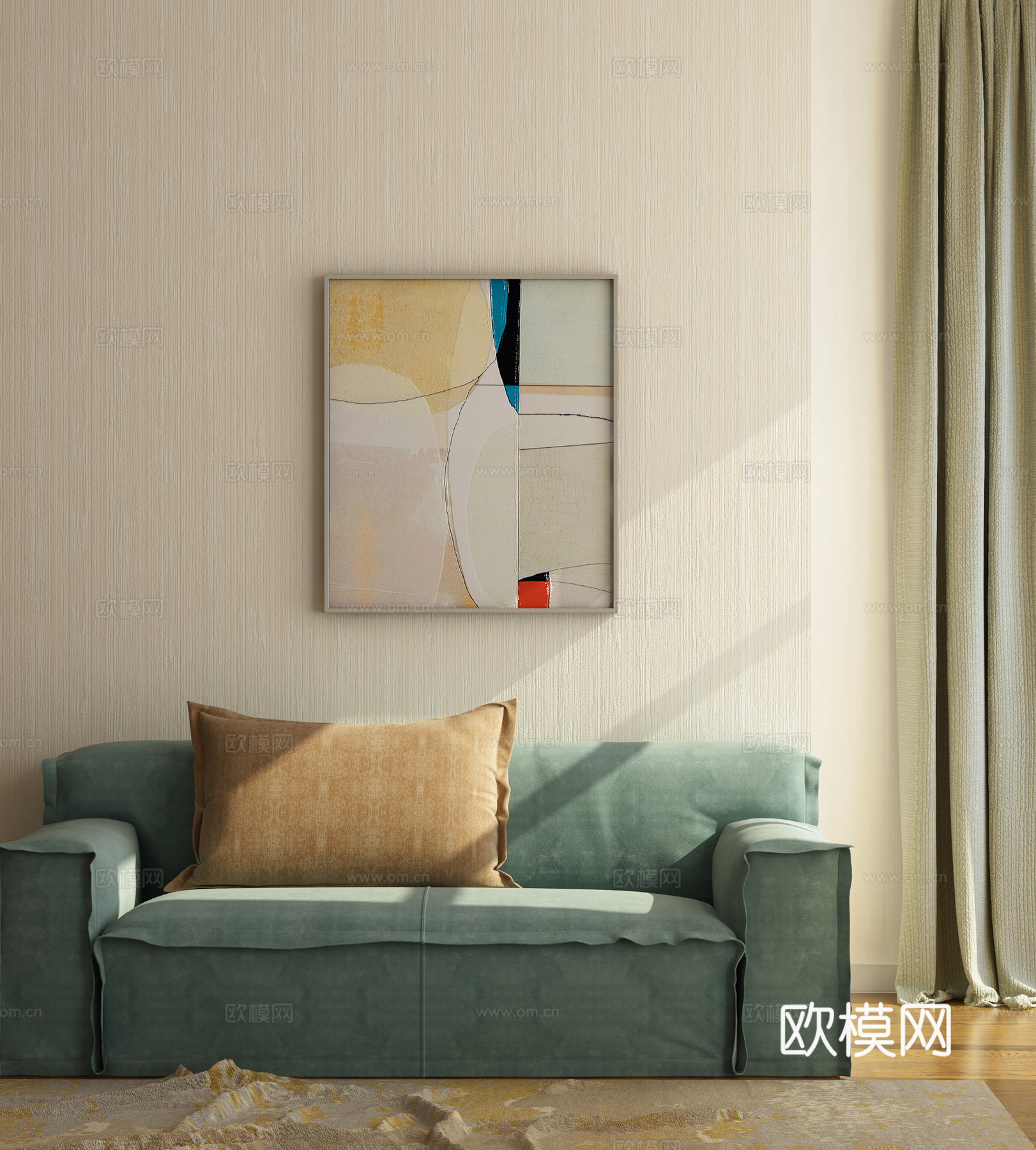 现代简约沙发窗帘装饰画组合3d模型下载（渲染图1）