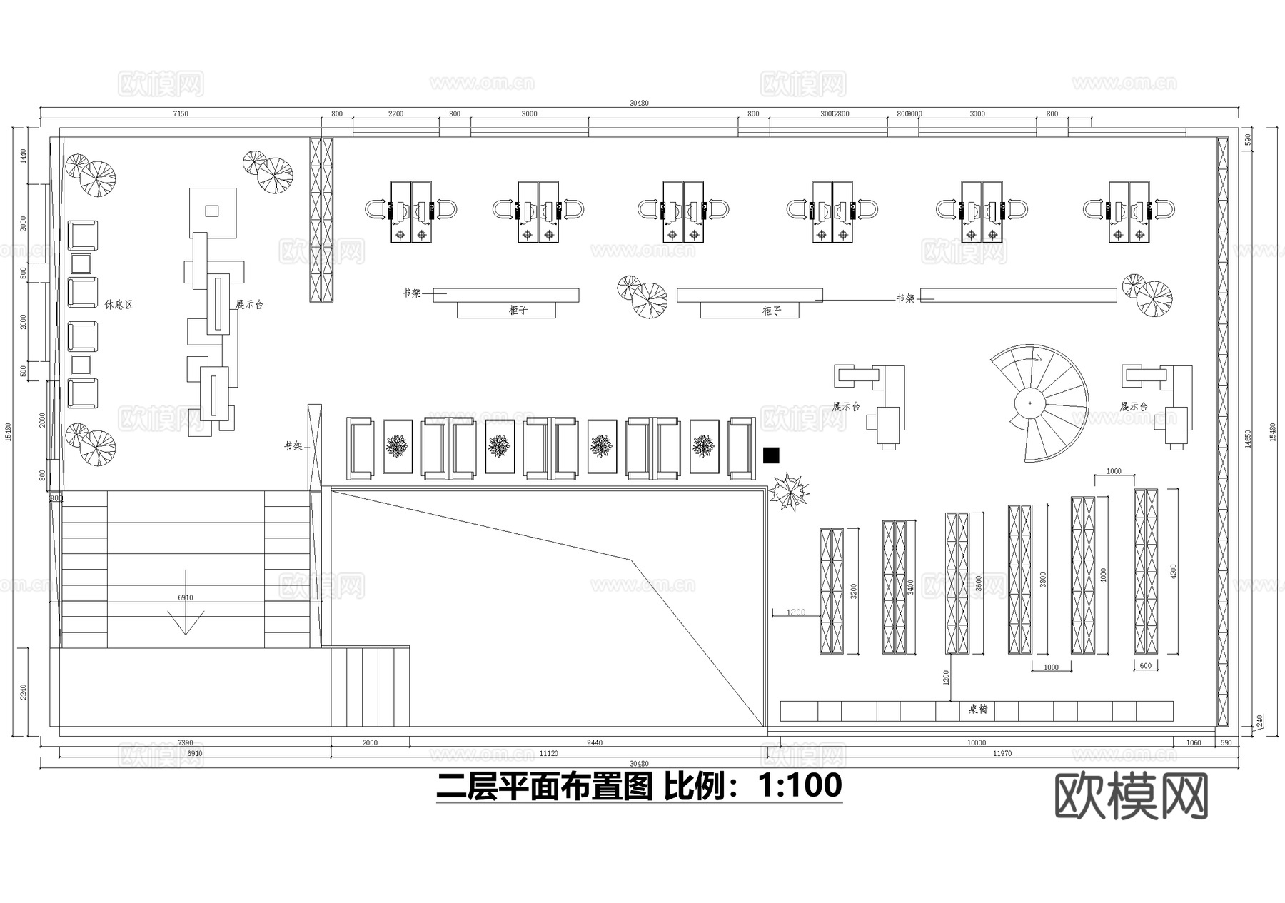 二层书吧书店平面图图书馆阅览室cad施工图
