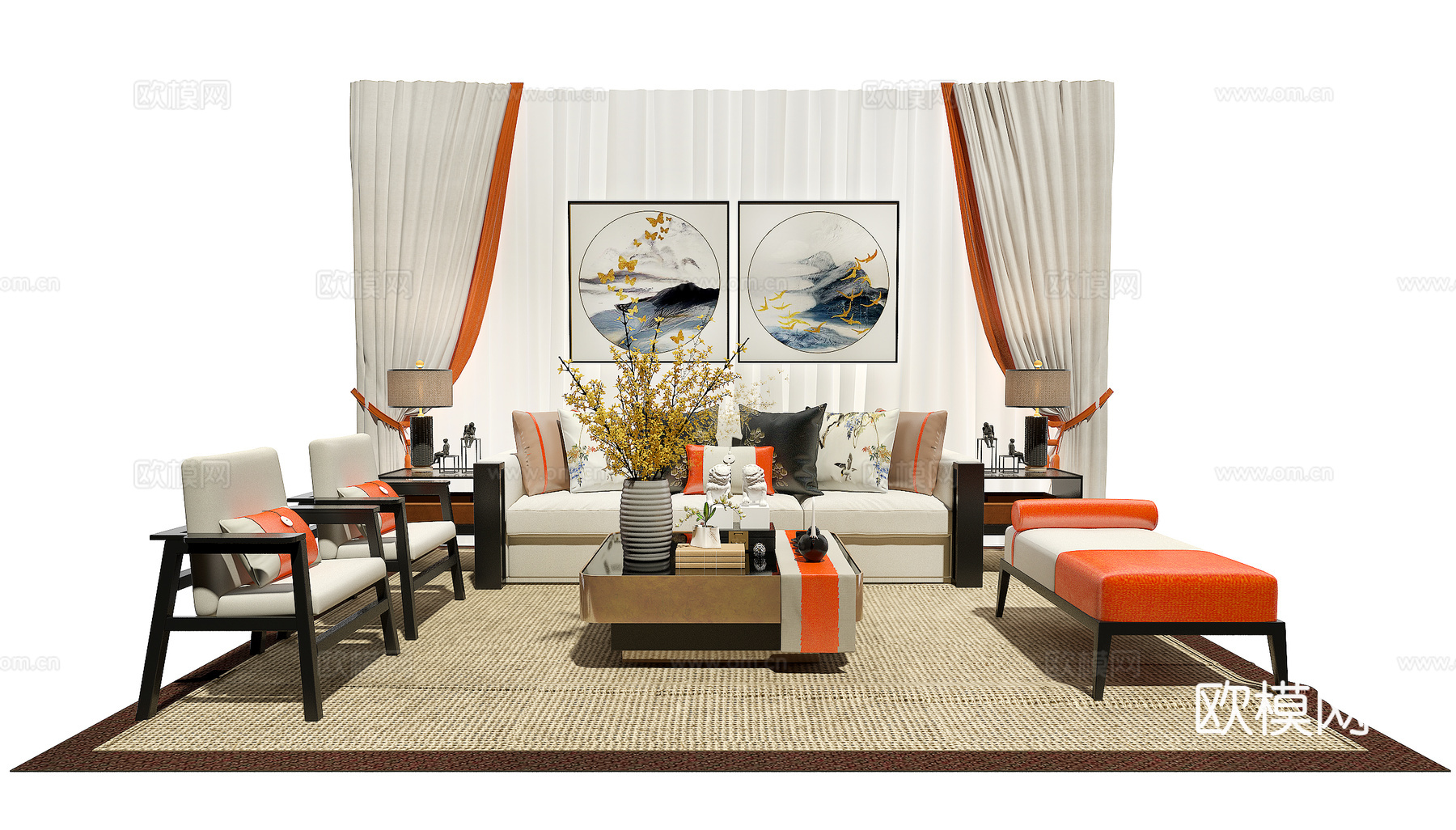 新中式沙发茶几挂画窗帘组合3d模型下载（渲染图1）