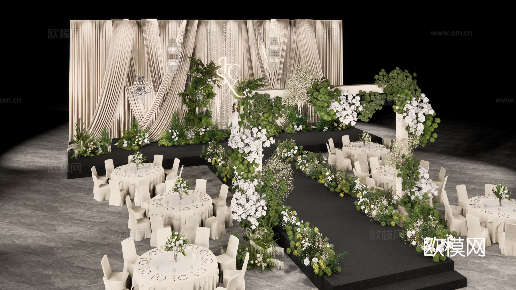 高层次香槟色布幔造型自然系婚礼美陈su模型