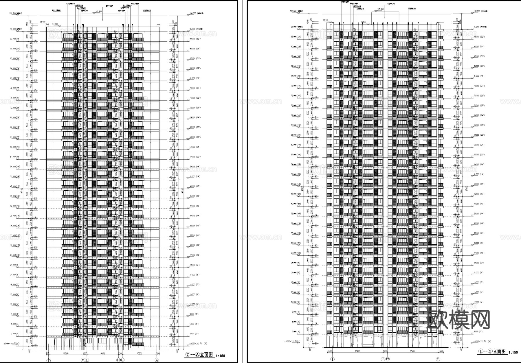 高层四梯十户二室二厅一卫中筒式住宅建筑CAD施工图集cad施工图