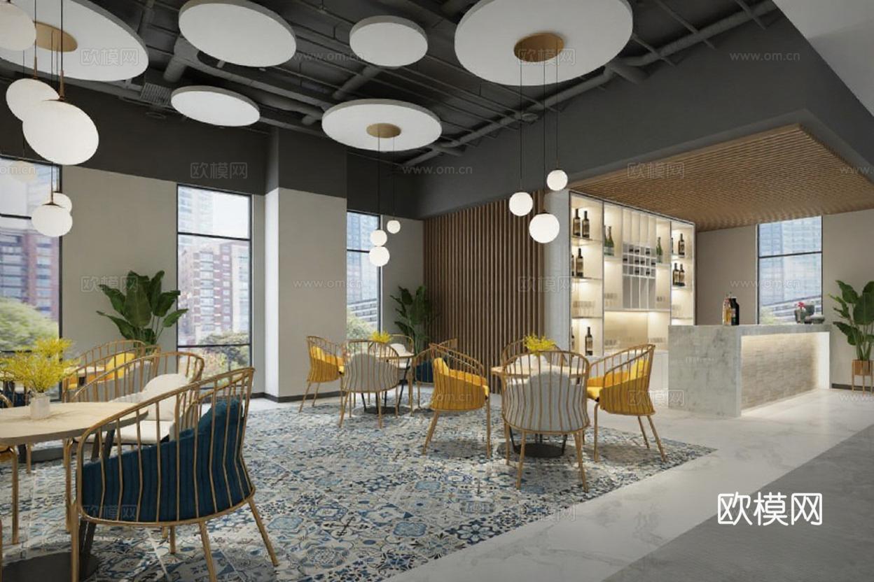 现代工业风咖啡厅室内设计 商业空间3D渲染效果图 灰白调休闲区 简约吊灯与自然光感免费3d模型