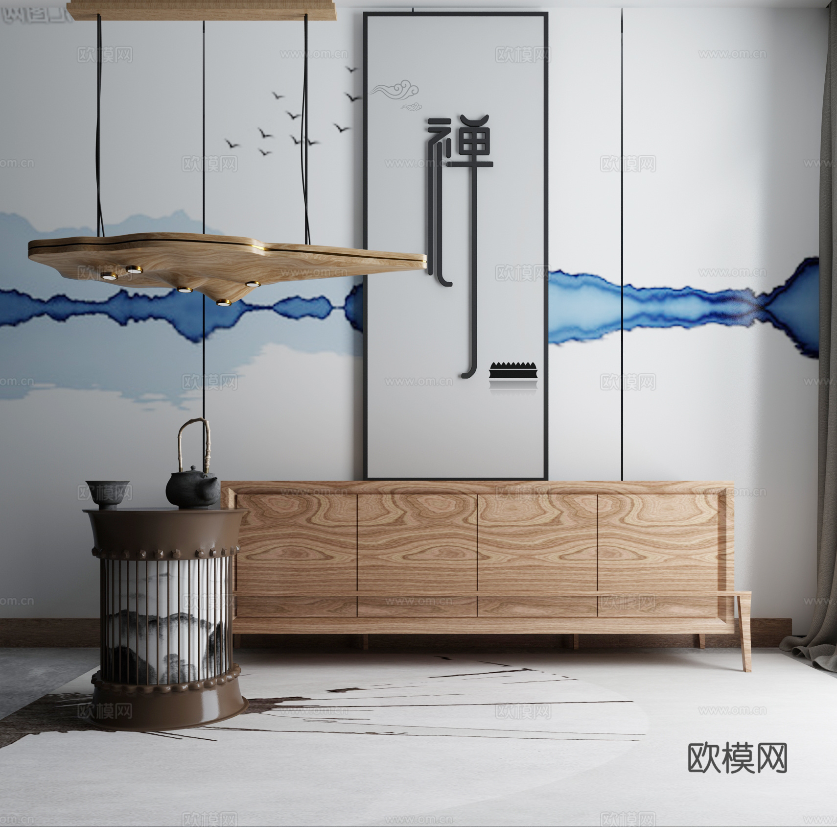 新中式茶几电视柜3d模型下载（渲染图1）