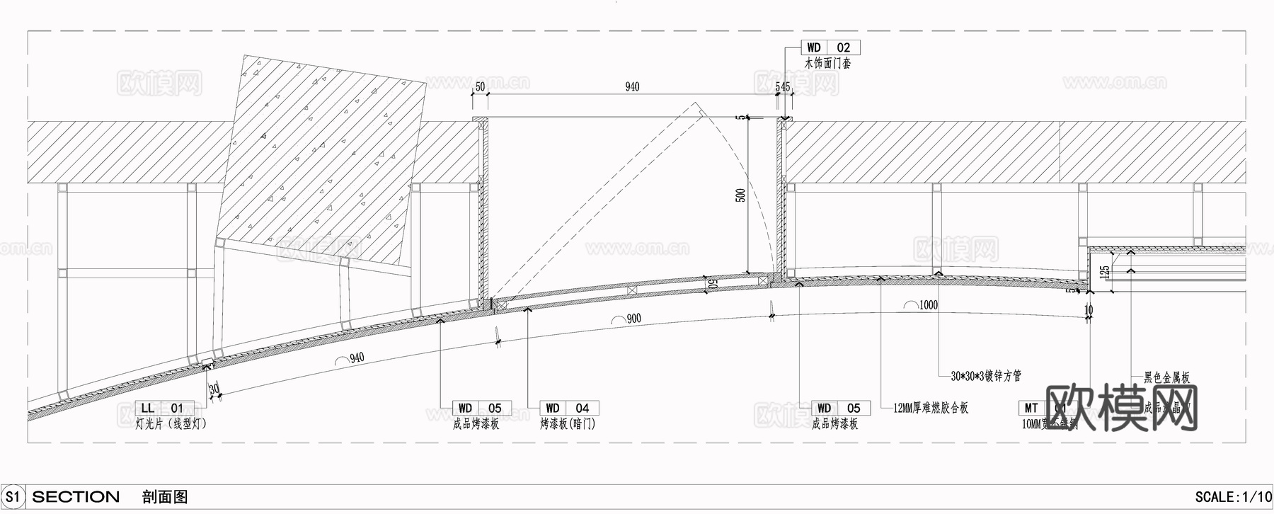 弧形通道墙面 壁挂电视墙 烤漆板墙面  墙面节点cad施工图