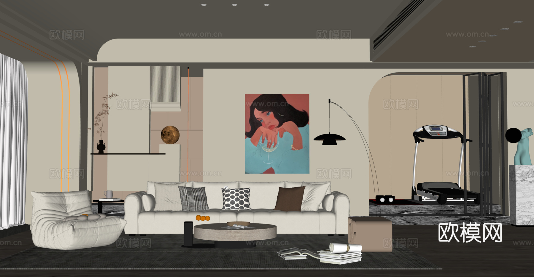 现代奶油风客厅 沙发背景墙 沙发茶几组合 跑步机su模型