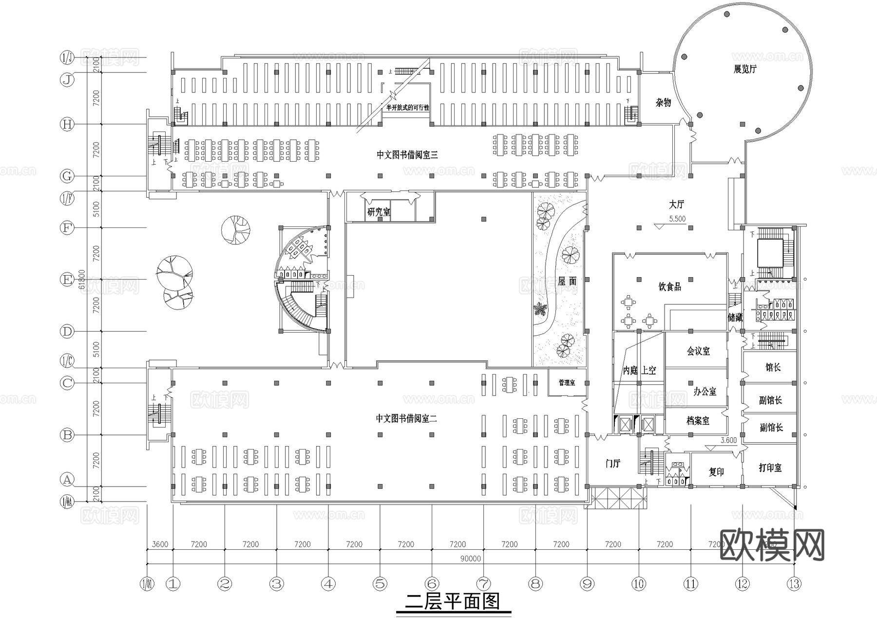 四层大学图书馆建筑平面图cad施工图