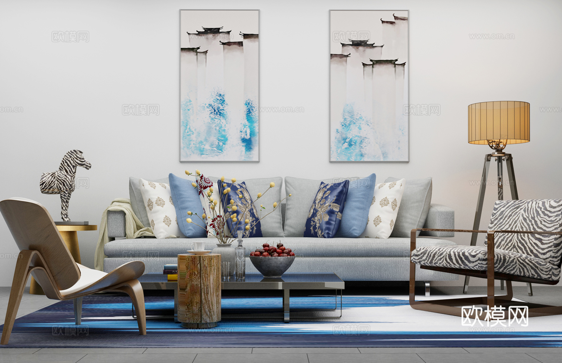 现代沙发茶几组合3d模型下载（渲染图1）