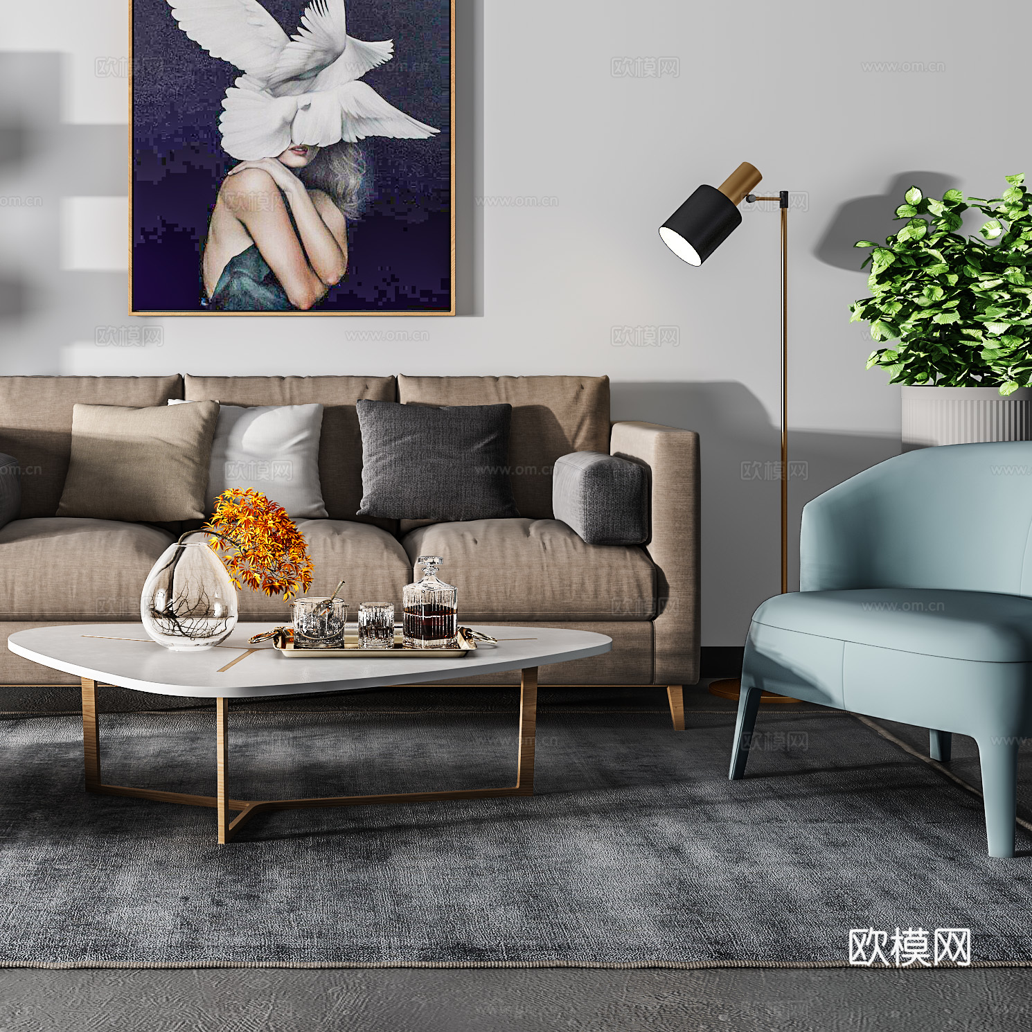 现代沙发茶几壁画组合3d模型下载（渲染图2）