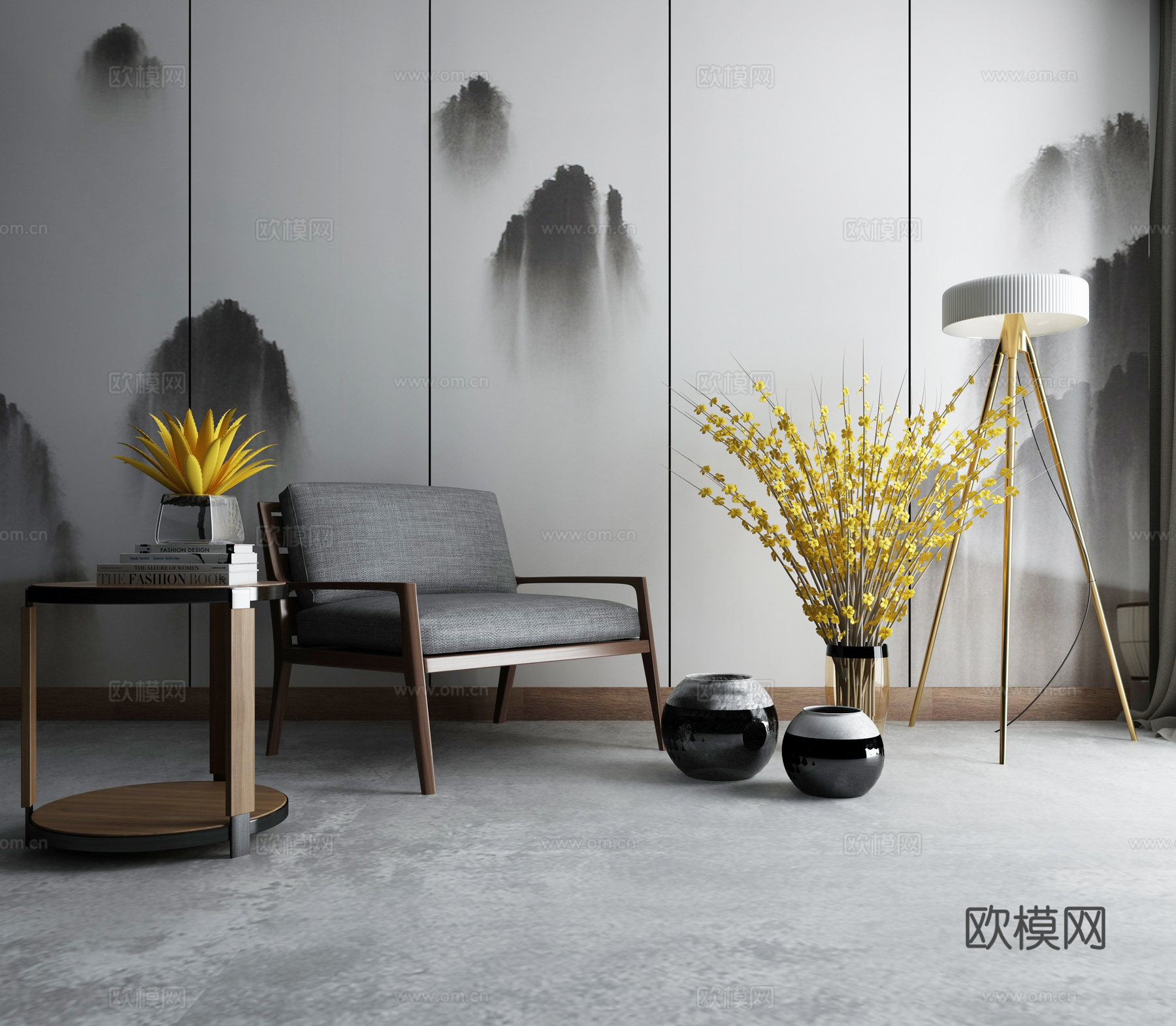 新中式沙发茶几组合3d模型下载（渲染图2）