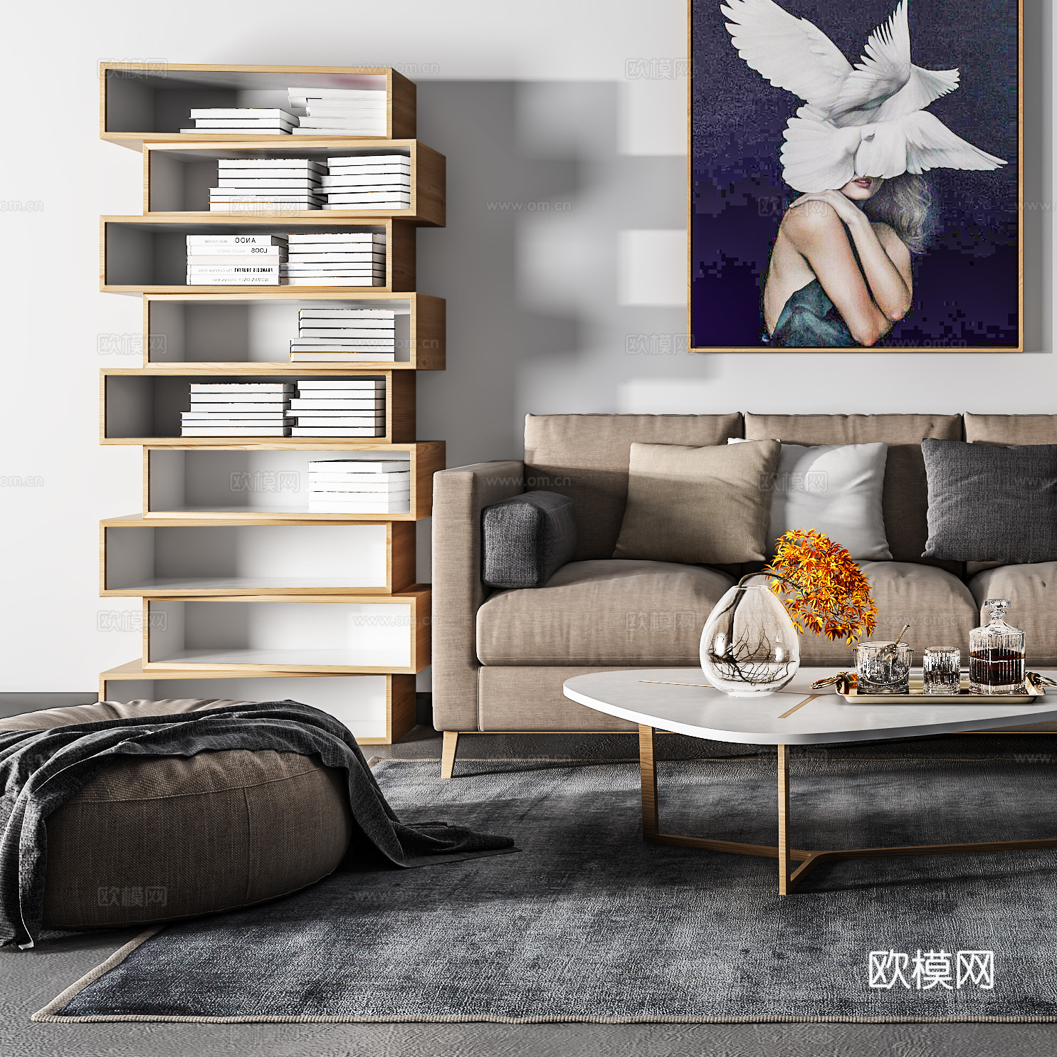 现代沙发茶几壁画组合3d模型下载（渲染图3）