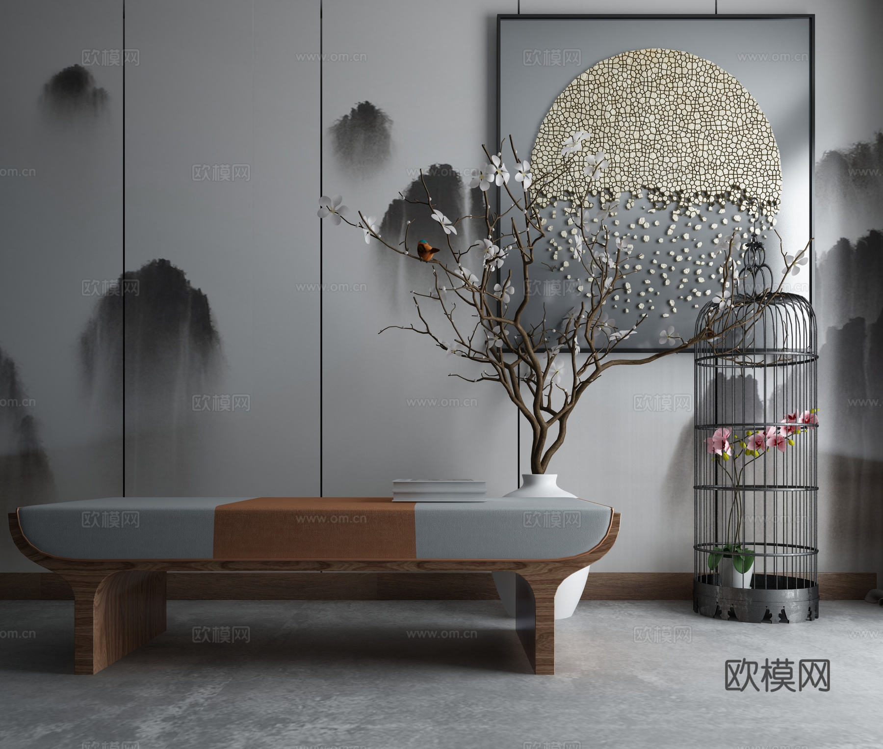 新中式沙发茶几组合3d模型下载（渲染图1）