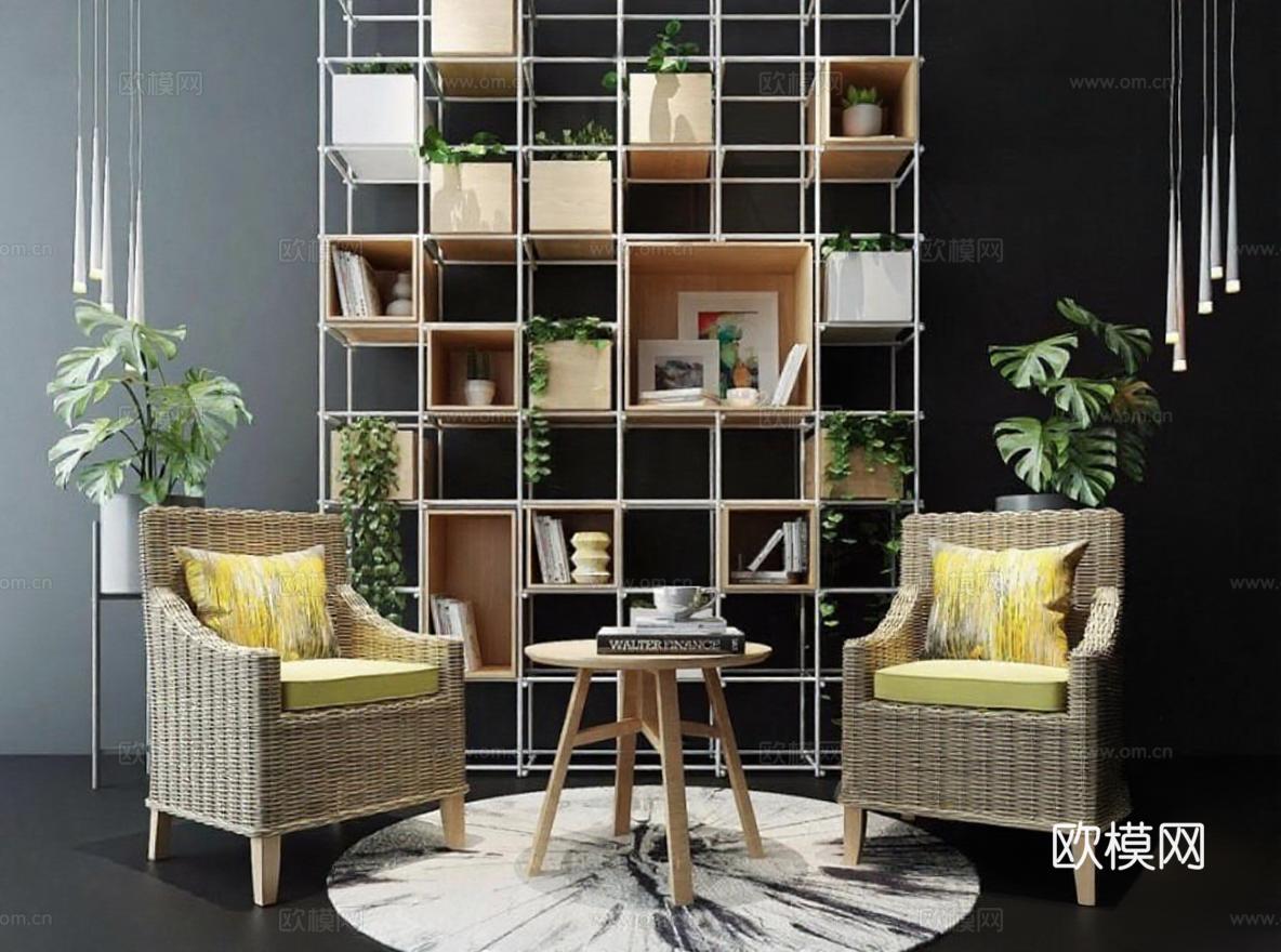 现代简约客厅休闲区设计 藤编家具与绿植装饰搭配方案免费3d模型