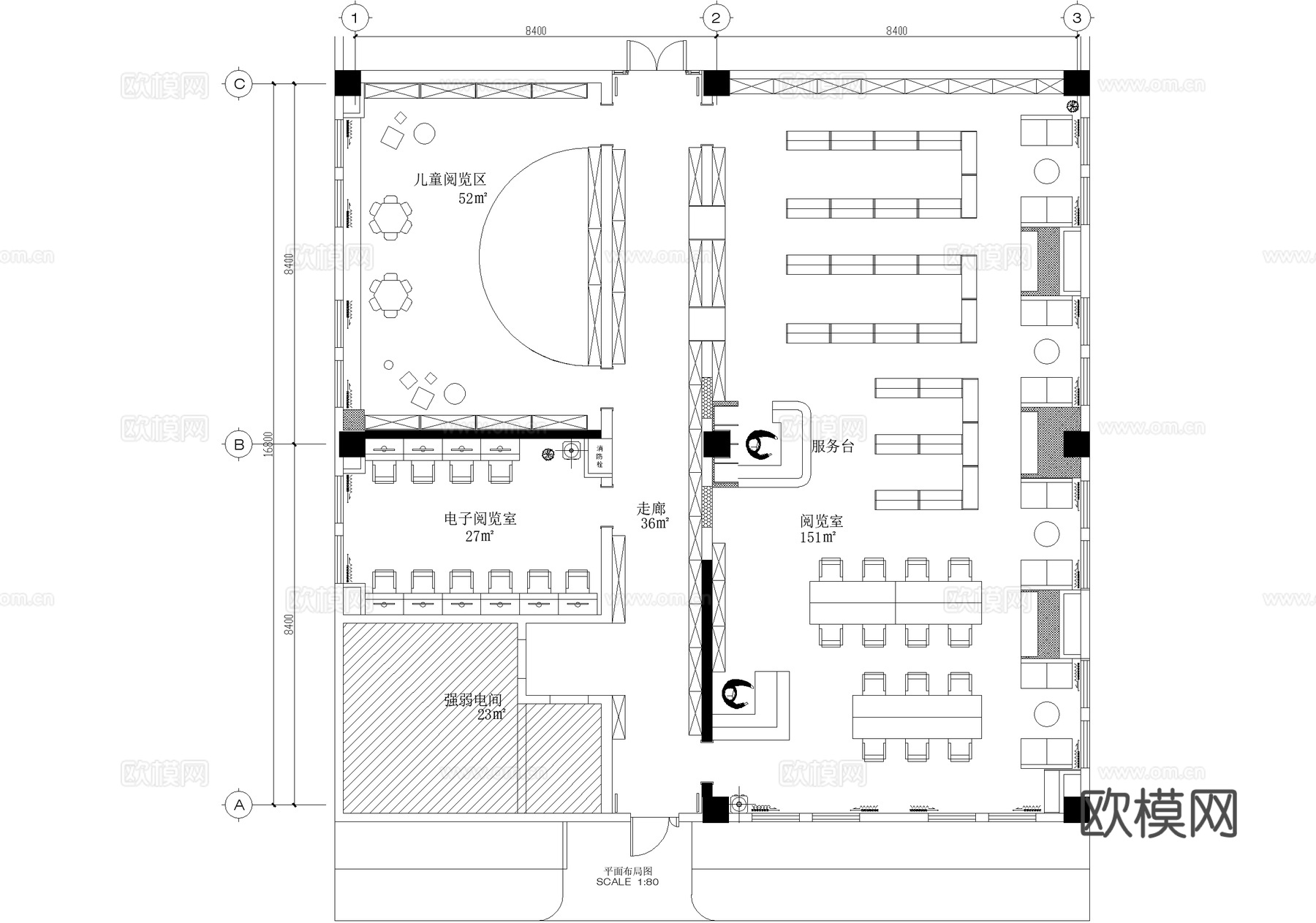 图书馆阅览室平面系统图详图cad施工图