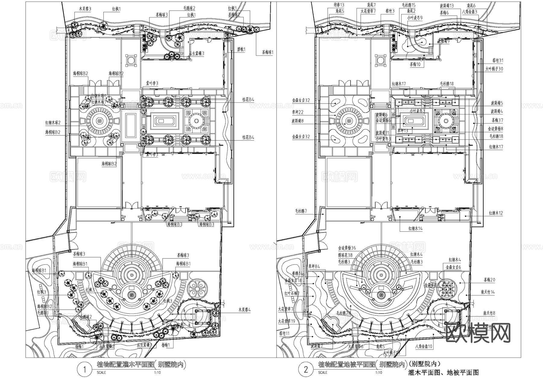 别墅庭院景观植物种植配置平面图CAD施工图cad施工图