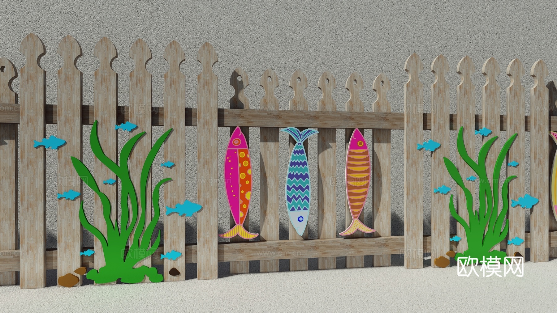 现代生态户外花园卡通木质栏杆动物围栏护栏彩色花朵儿童创意栅栏su模型