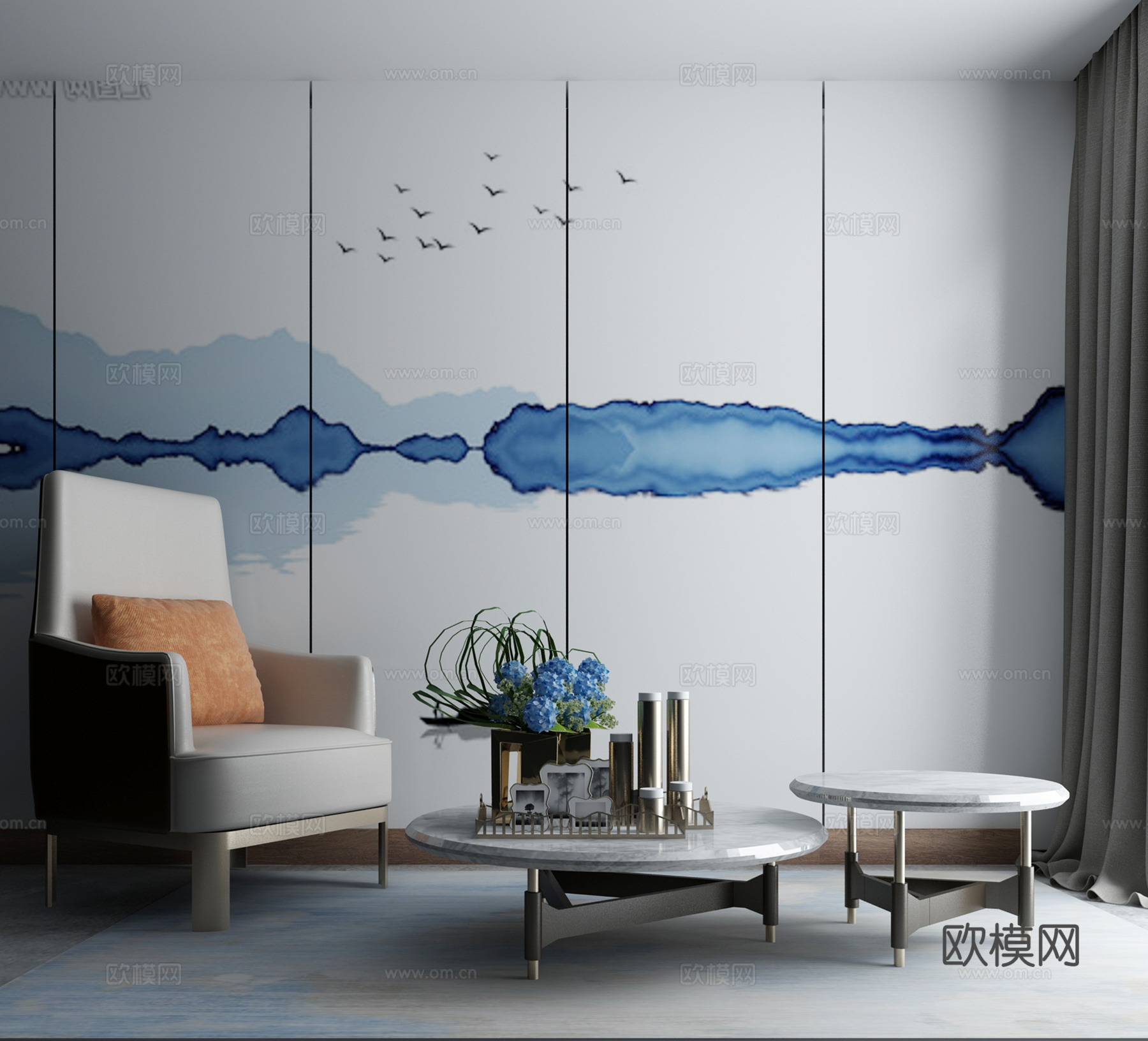 新中式沙发茶几组合3d模型下载（渲染图2）