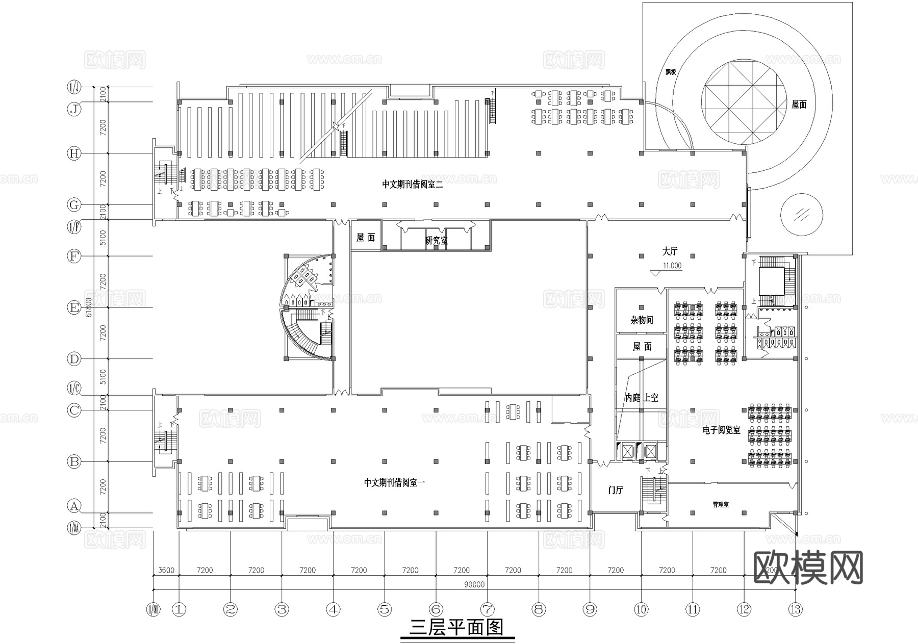 四层大学图书馆建筑平面图cad施工图
