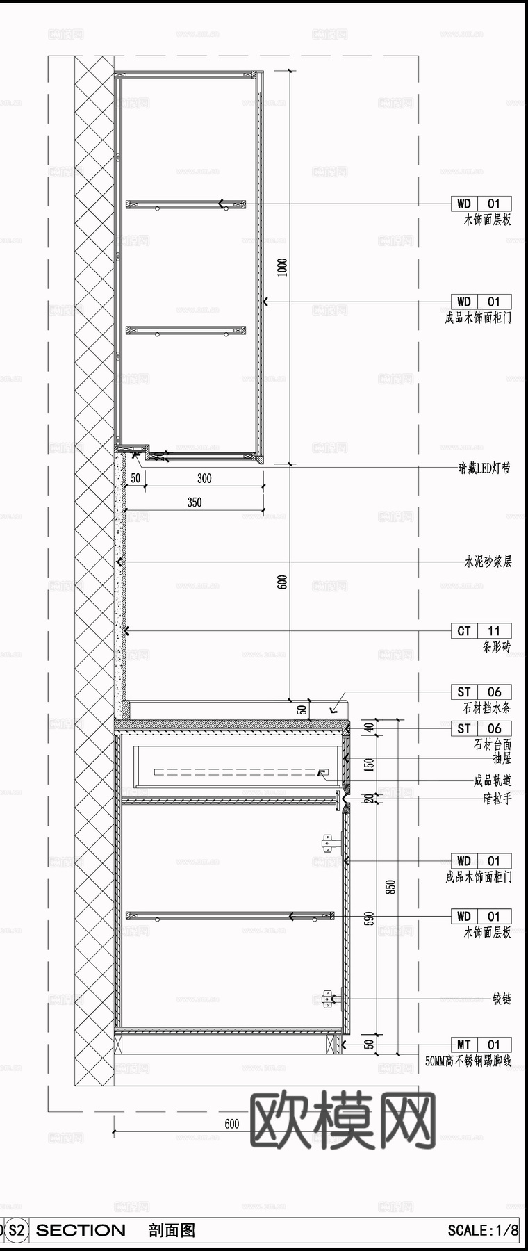 暗藏灯带吊顶 办公咖啡区柜子 现代厨柜  柜子墙面节点cad施工图
