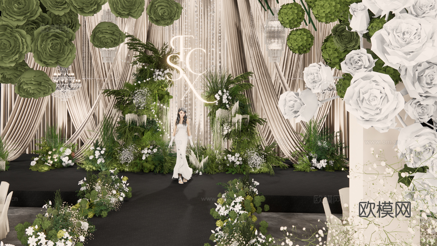 高层次香槟色布幔造型自然系婚礼美陈su模型