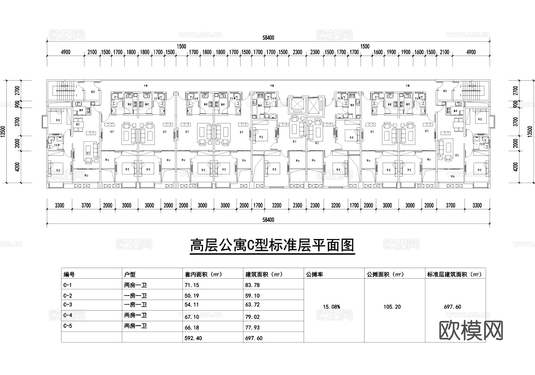 高层公寓标准层建筑户型平面CAD施工图cad施工图