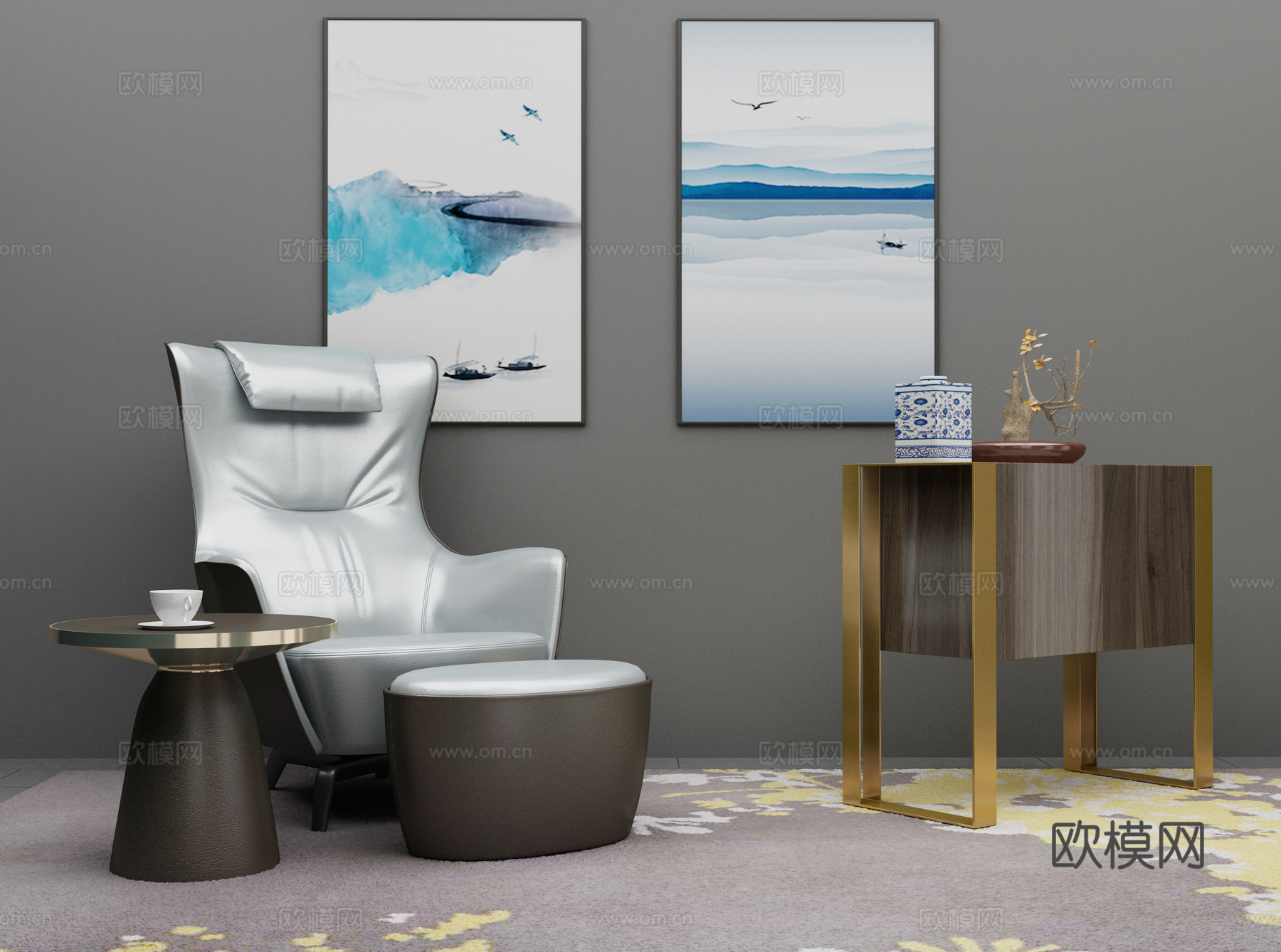 现代沙发茶几组合3d模型下载（渲染图2）