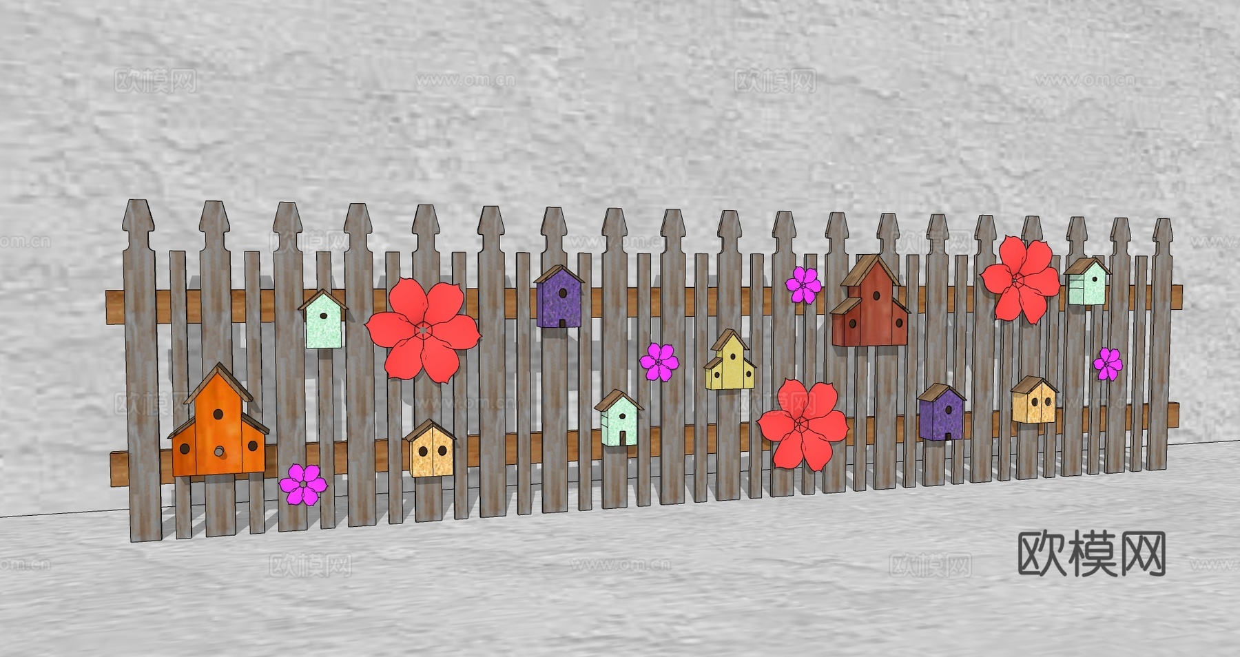 现代生态户外花园卡通木质栏杆动物围栏护栏彩色花朵儿童创意栅栏su模型