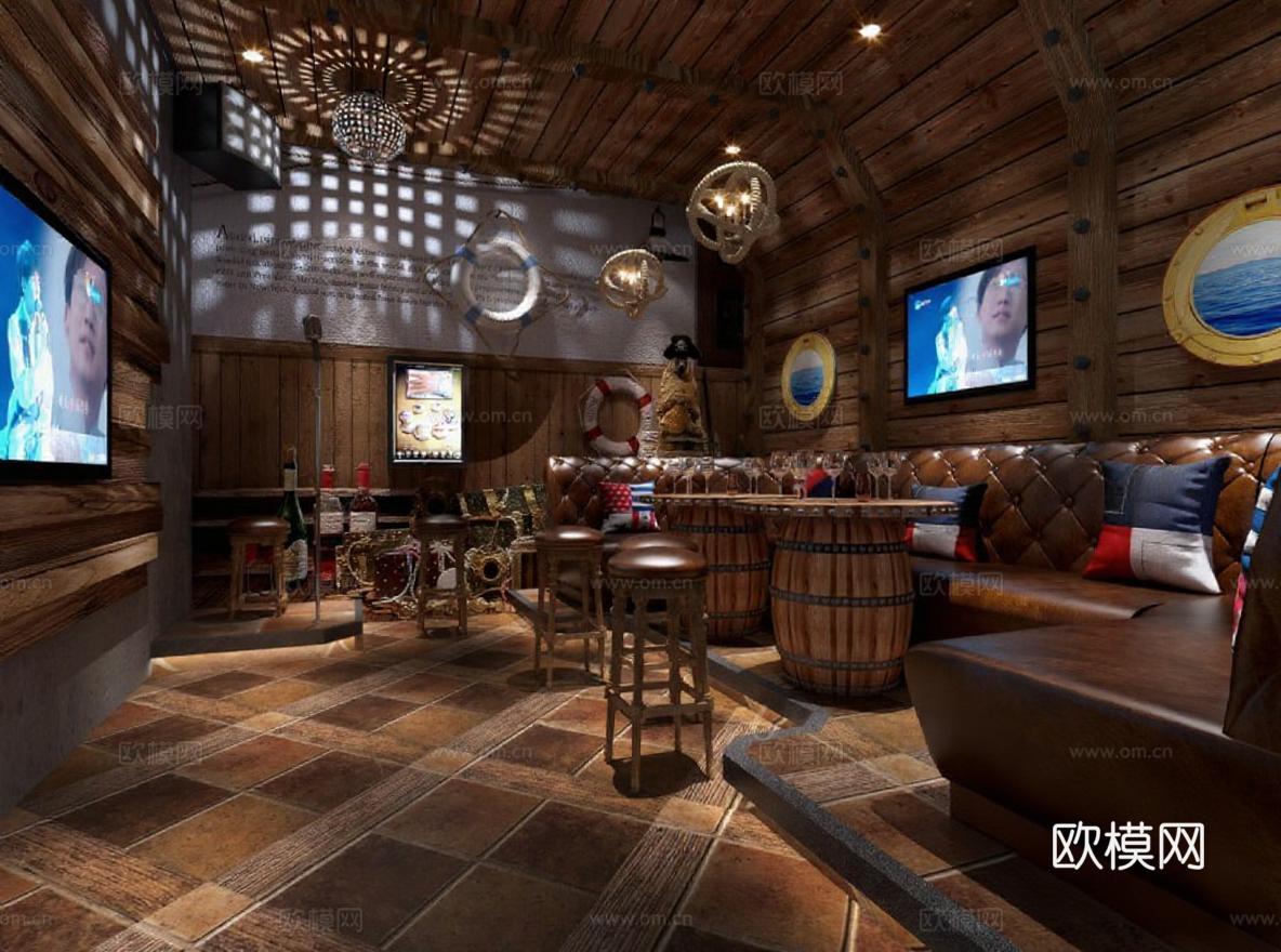 航海主题酒吧包厢设计 私人影院休闲空间 复古木质室内装饰 3D模型封面免费3d模型
